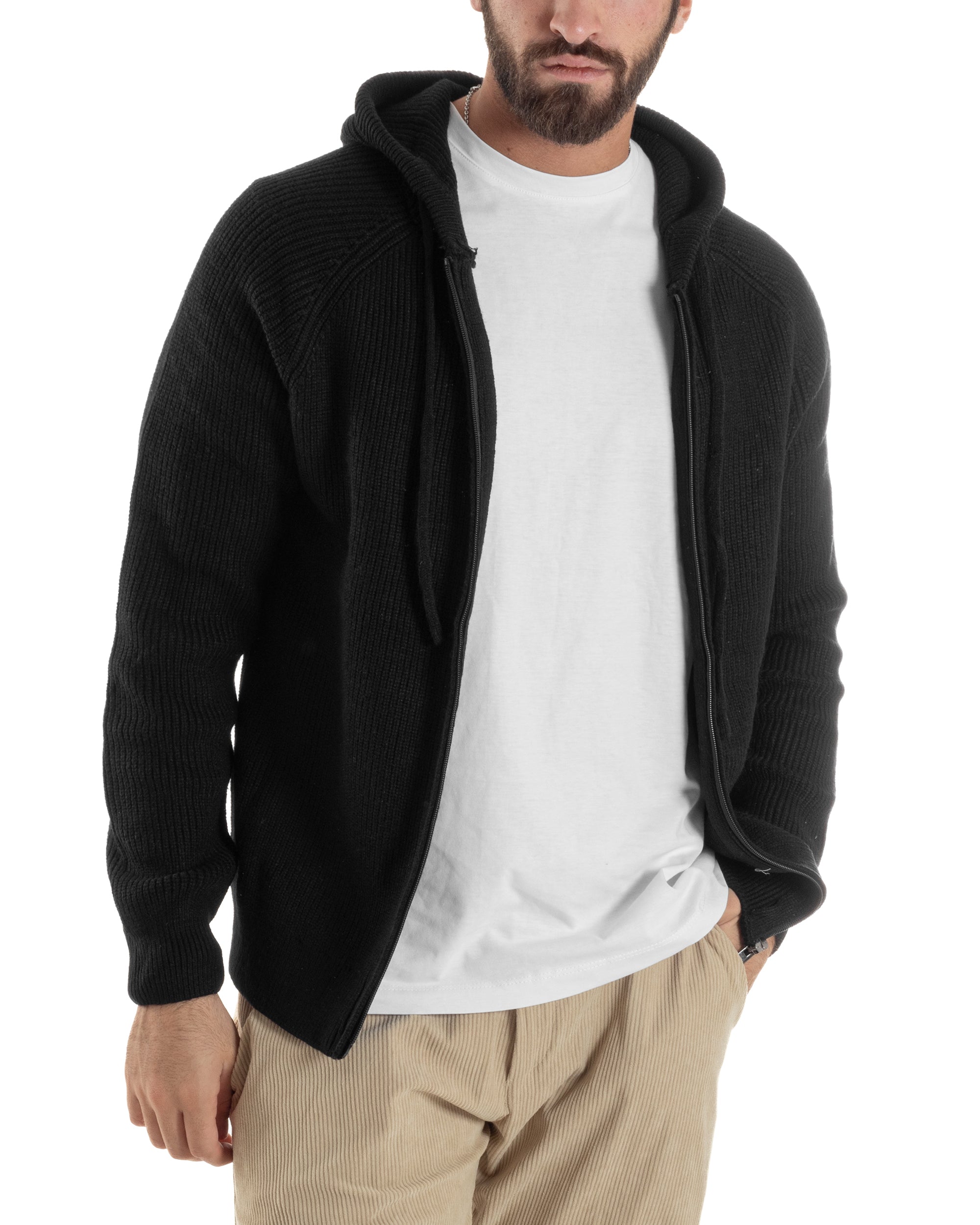 Cardigan Uomo Giacca Maniche Raglan Maglia Con Cappuccio Zip Nero M3072A