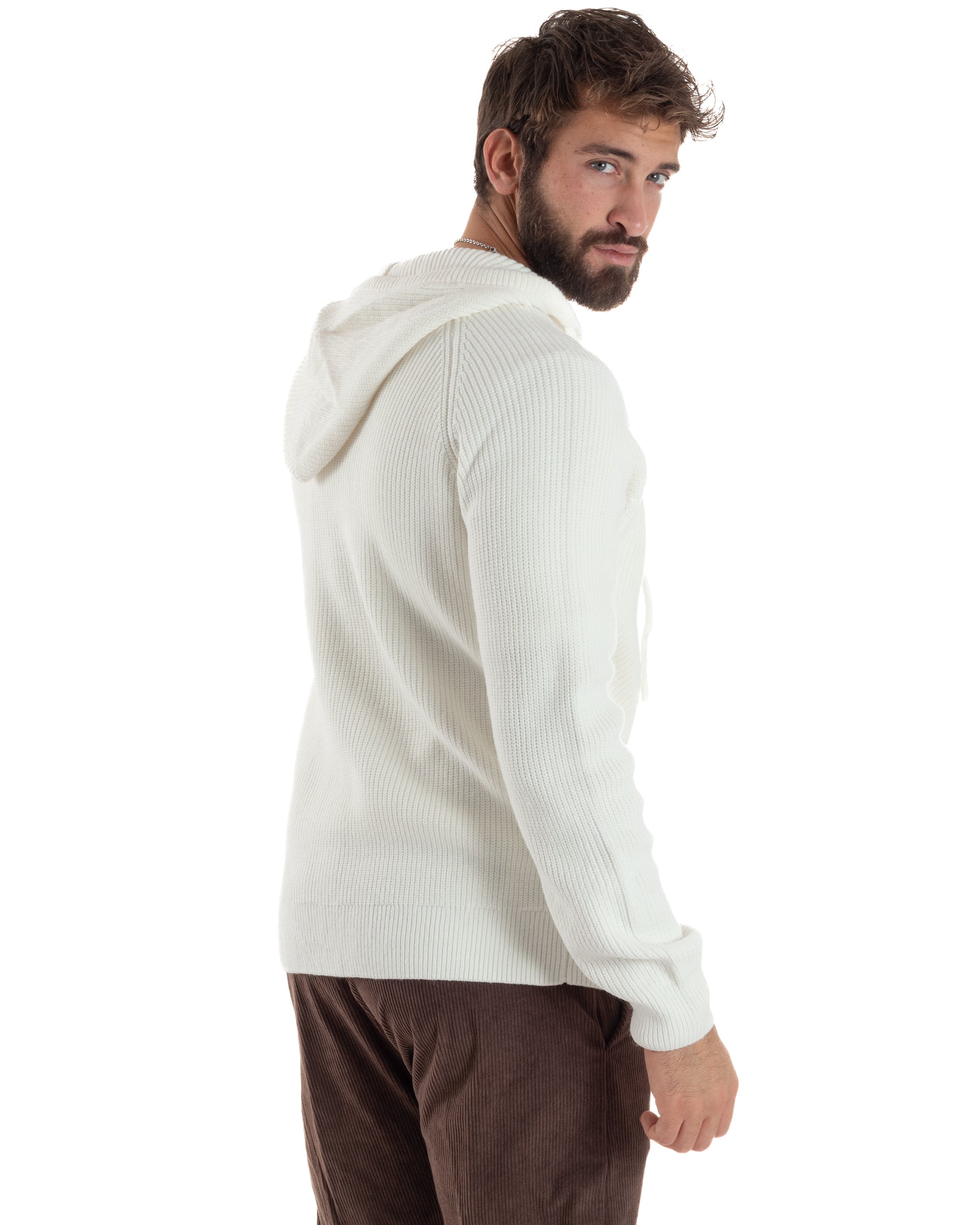 Cardigan Uomo Giacca Maniche Raglan Maglia Con Cappuccio Zip Panna M3073A