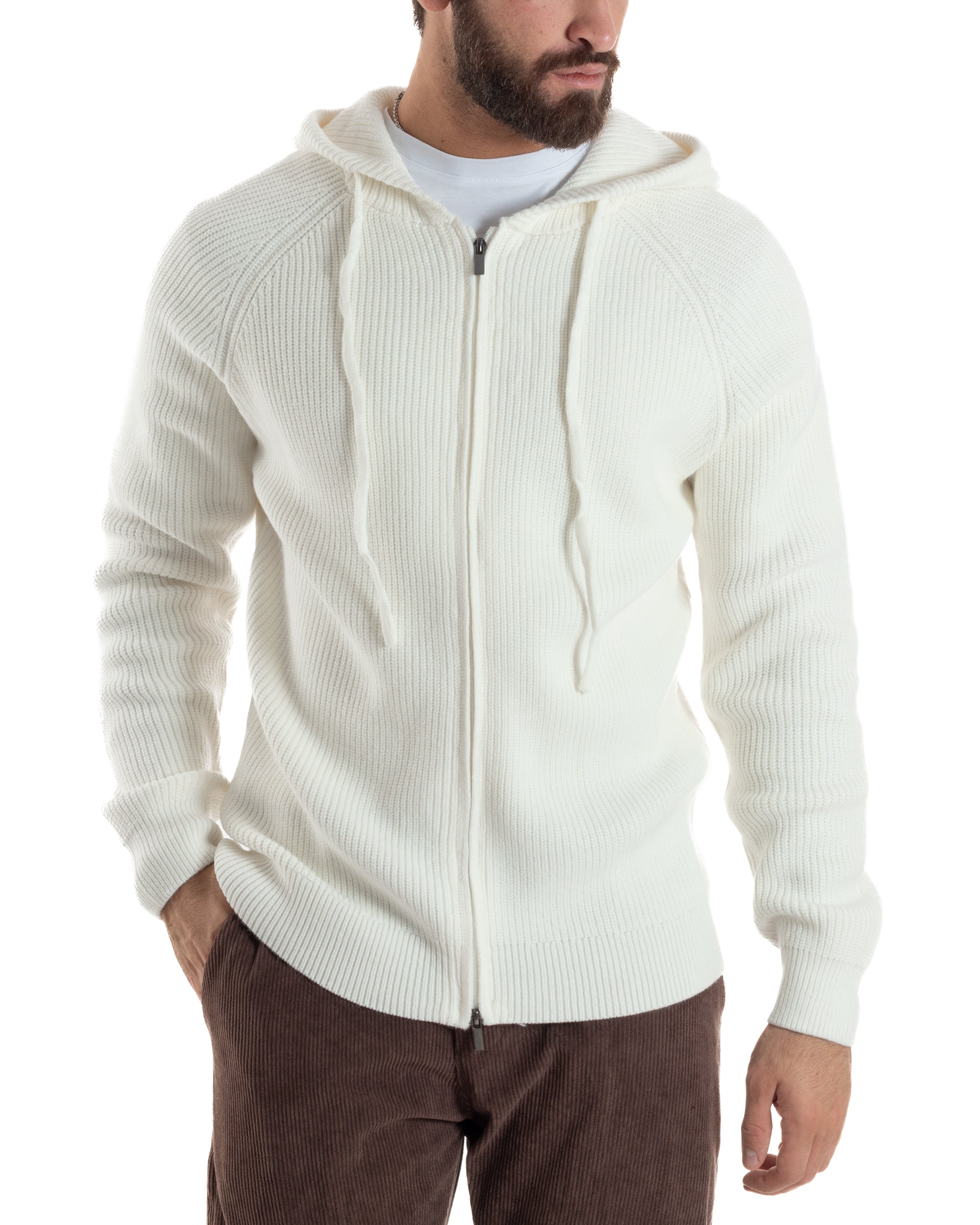 Cardigan Uomo Giacca Maniche Raglan Maglia Con Cappuccio Zip Panna M3073A