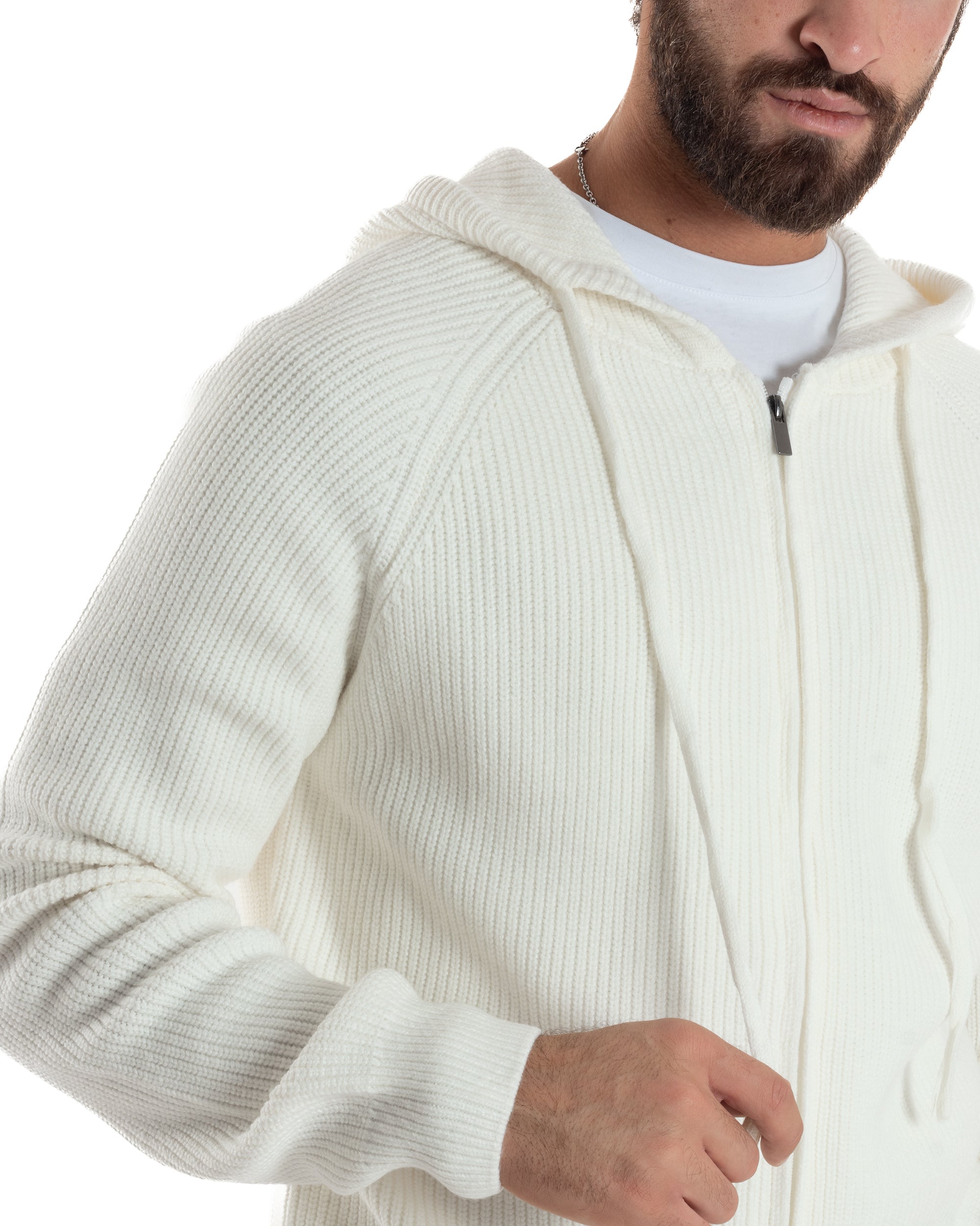 Cardigan Uomo Giacca Maniche Raglan Maglia Con Cappuccio Zip Panna M3073A