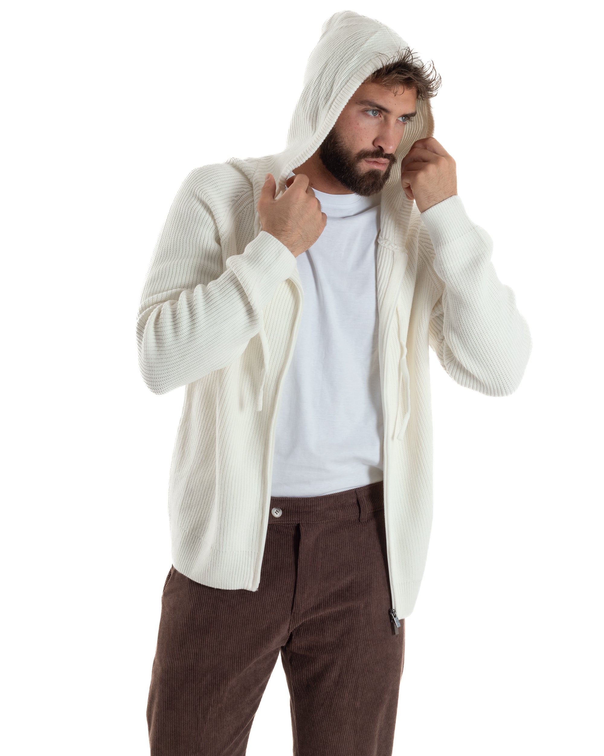 Cardigan Uomo Giacca Maniche Raglan Maglia Con Cappuccio Zip Panna M3073A