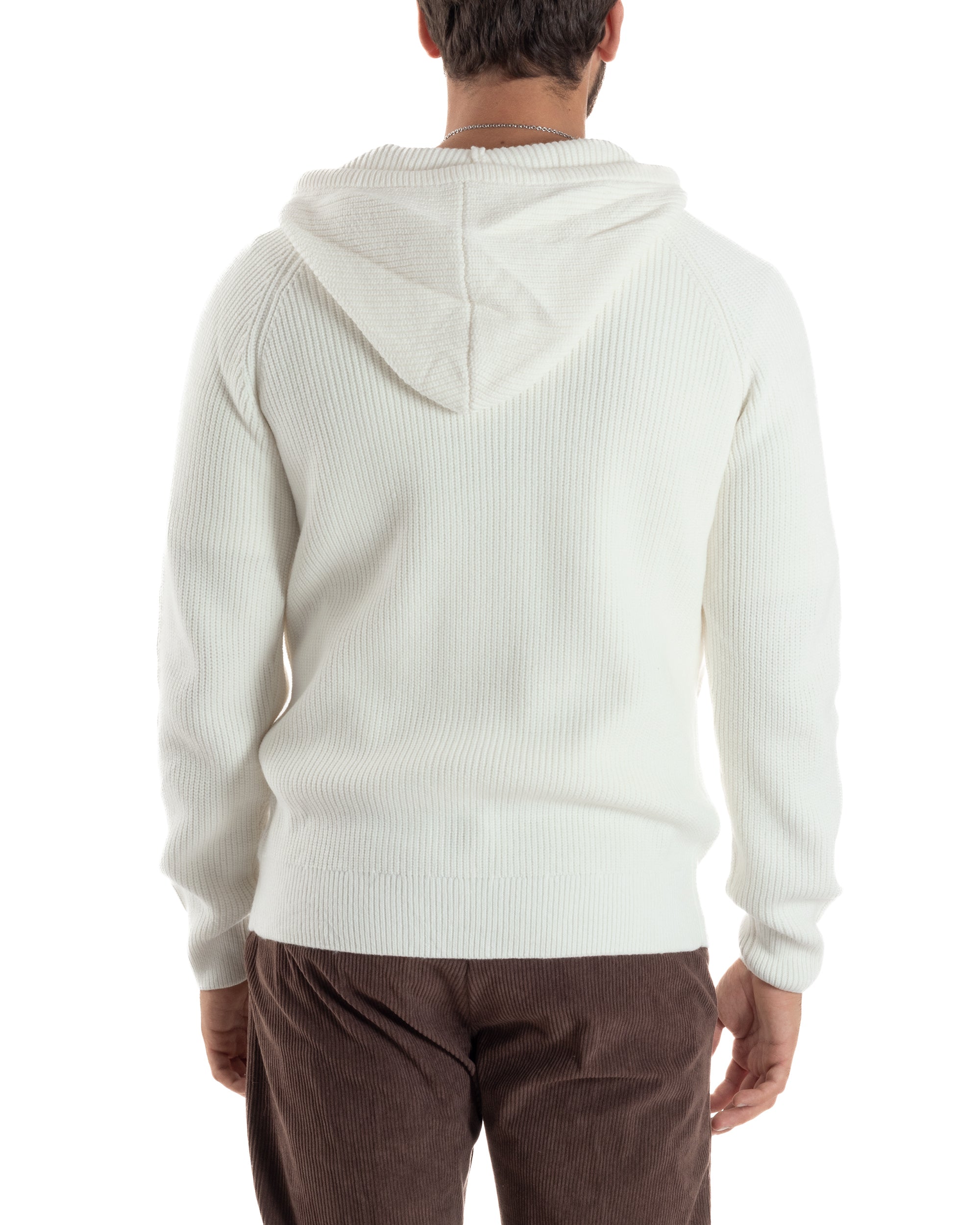 Cardigan Uomo Giacca Maniche Raglan Maglia Con Cappuccio Zip Panna M3073A