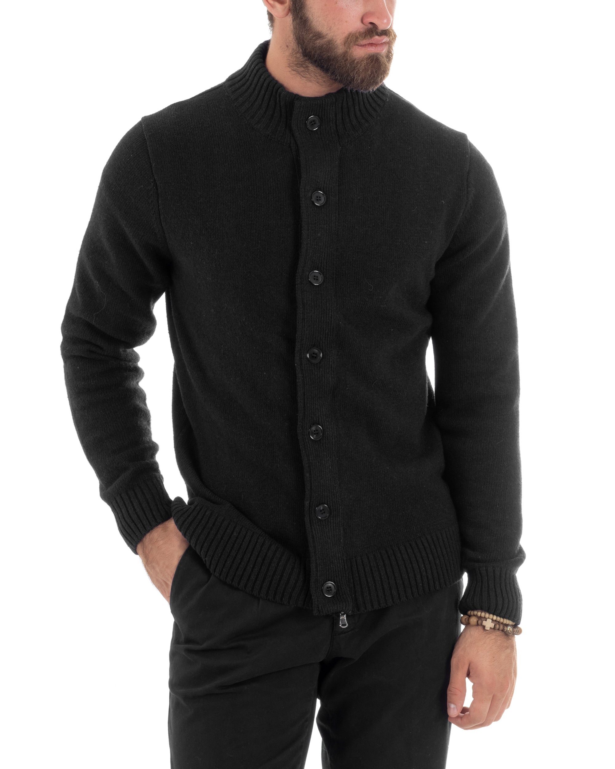 Cardigan Uomo Lana Giacca Comoda Calda Maglioncino Con Collo Bottoni Nero M3075A