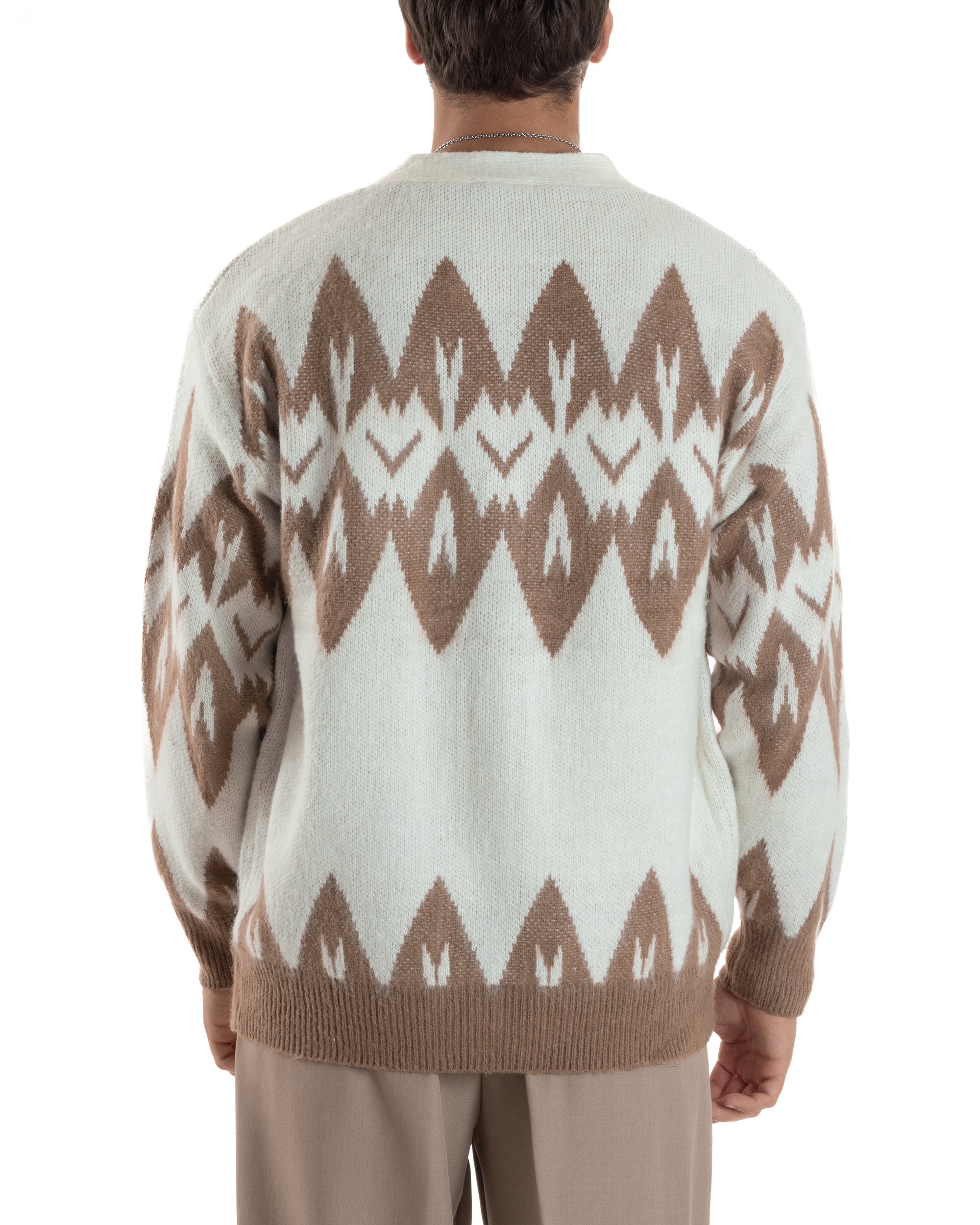 Cardigan Uomo Maglia Morbida Spalle Scese Fantasia Jacquard Bicolore Panna M3076A