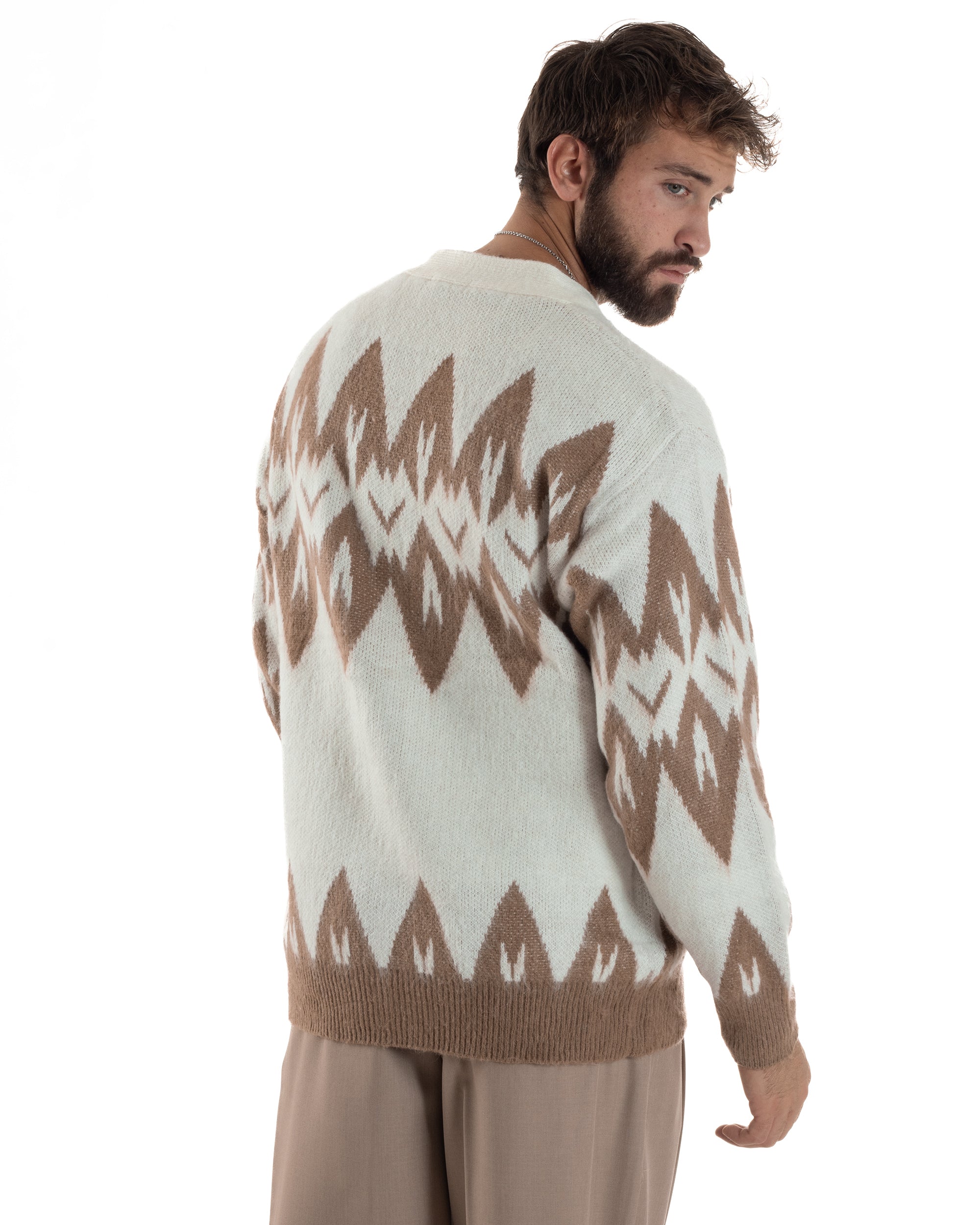 Cardigan Uomo Maglia Morbida Spalle Scese Fantasia Jacquard Bicolore Panna M3076A