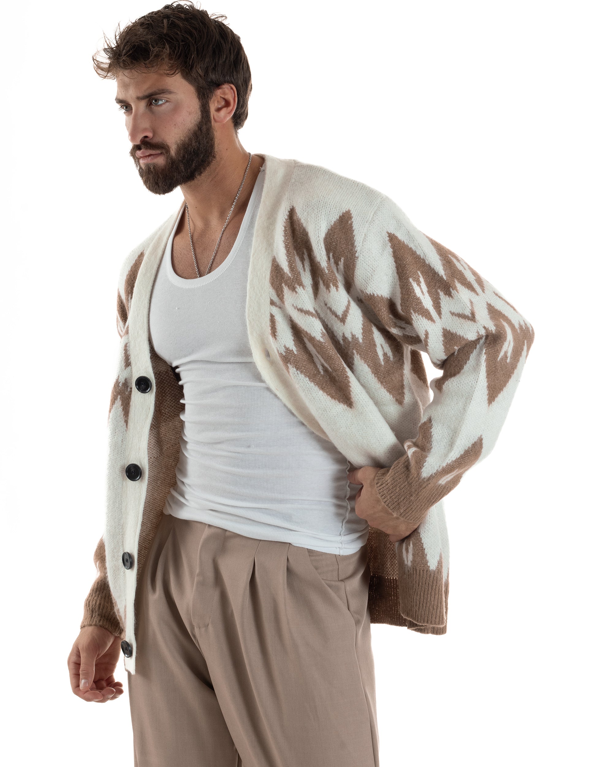 Cardigan Uomo Maglia Morbida Spalle Scese Fantasia Jacquard Bicolore Panna M3076A