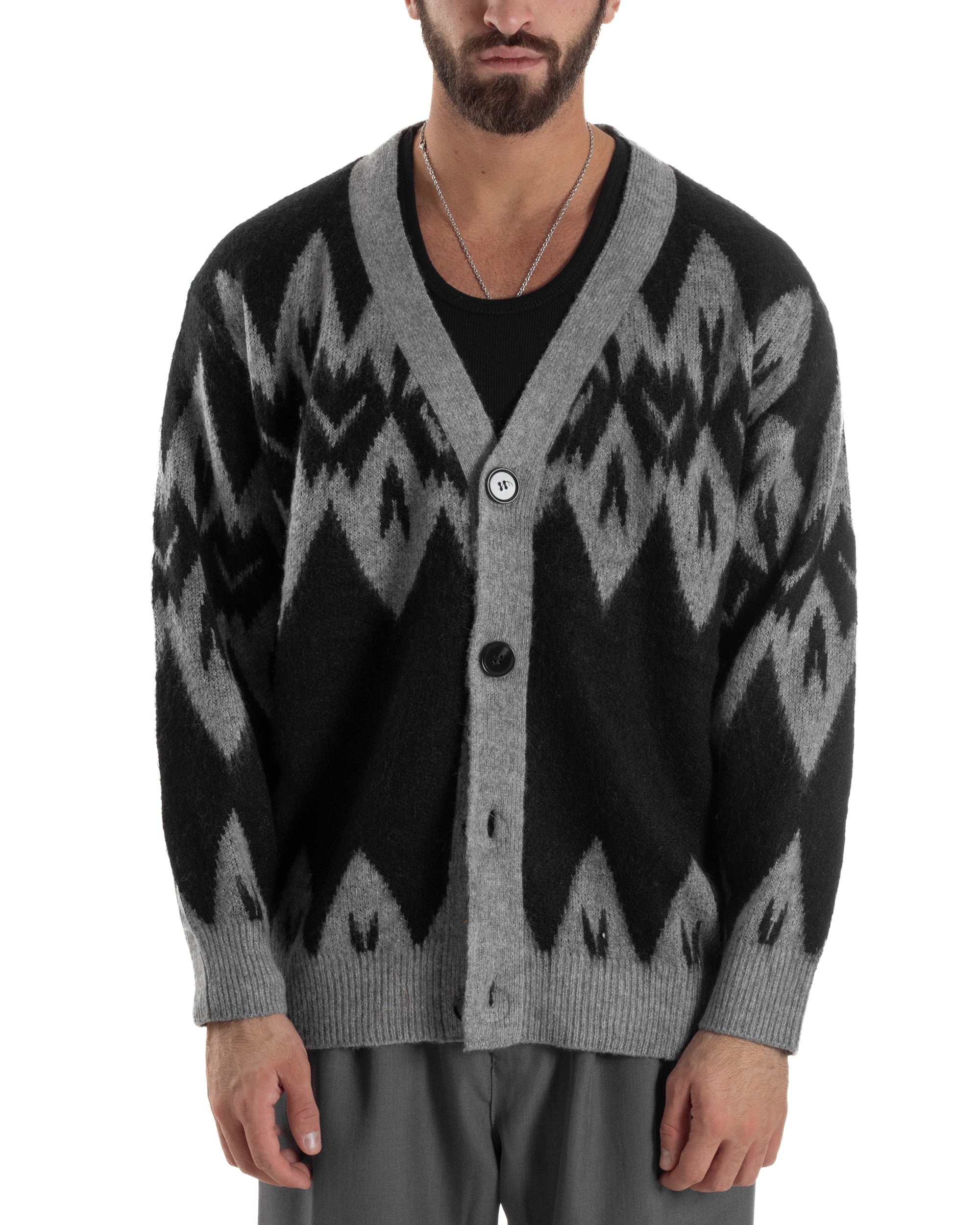 Cardigan Uomo Maglia Morbida Spalle Scese Fantasia Jacquard Bicolore Nero M3077A