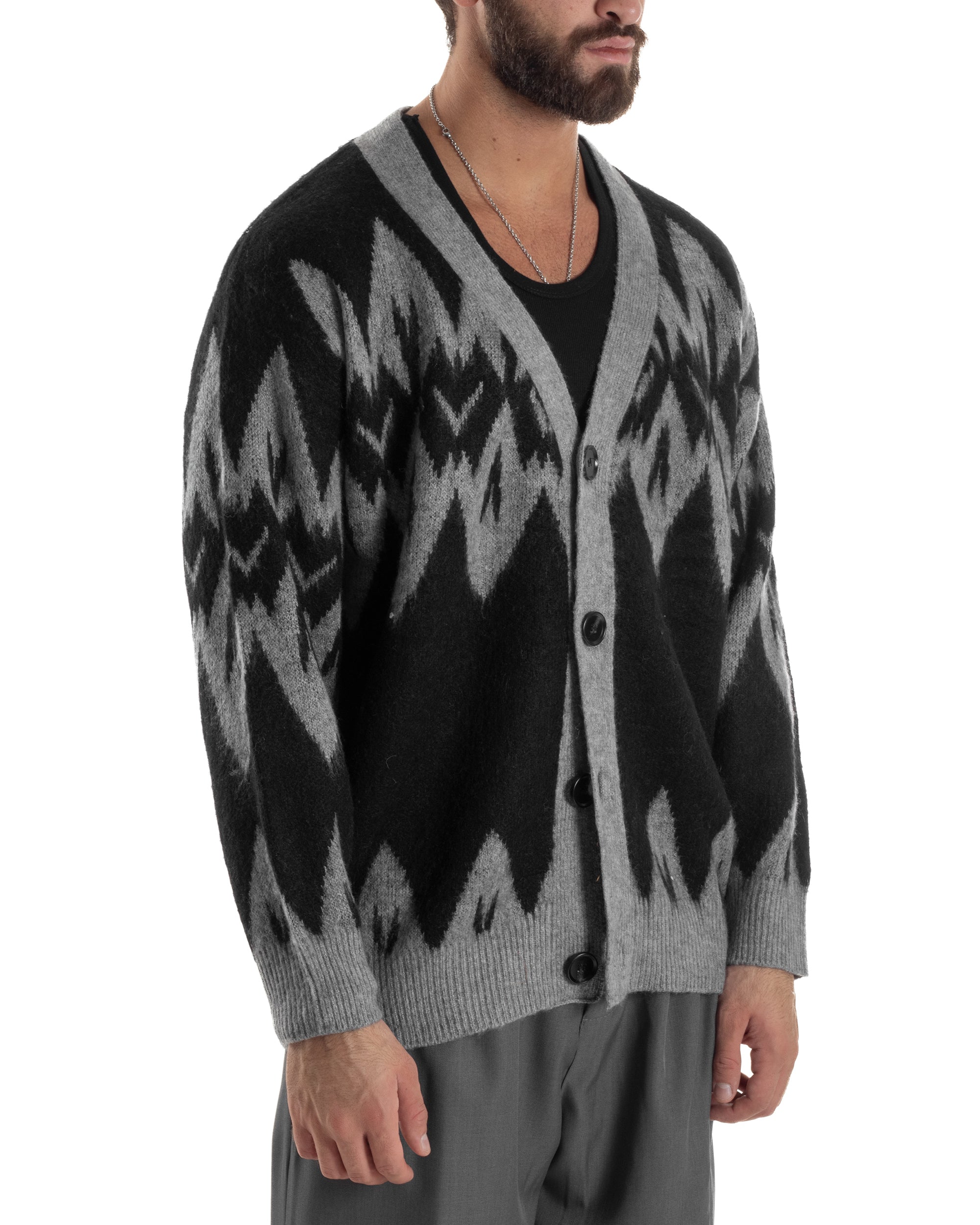 Cardigan Uomo Maglia Morbida Spalle Scese Fantasia Jacquard Bicolore Nero M3077A