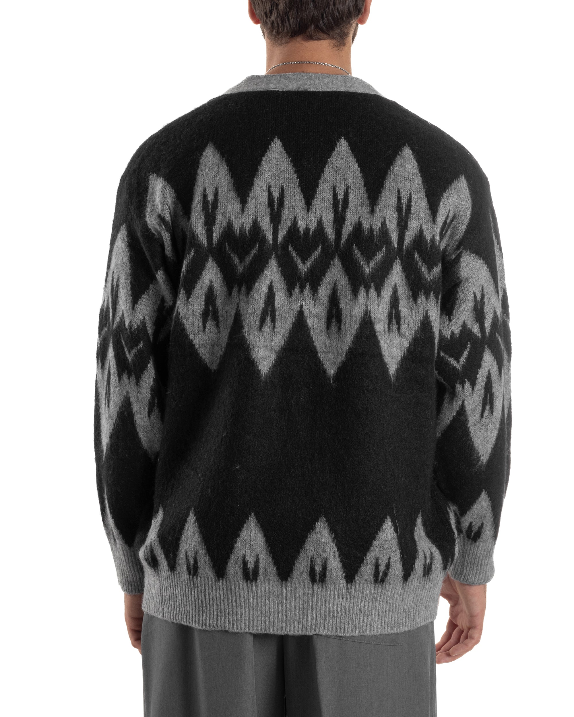 Cardigan Uomo Maglia Morbida Spalle Scese Fantasia Jacquard Bicolore Nero M3077A