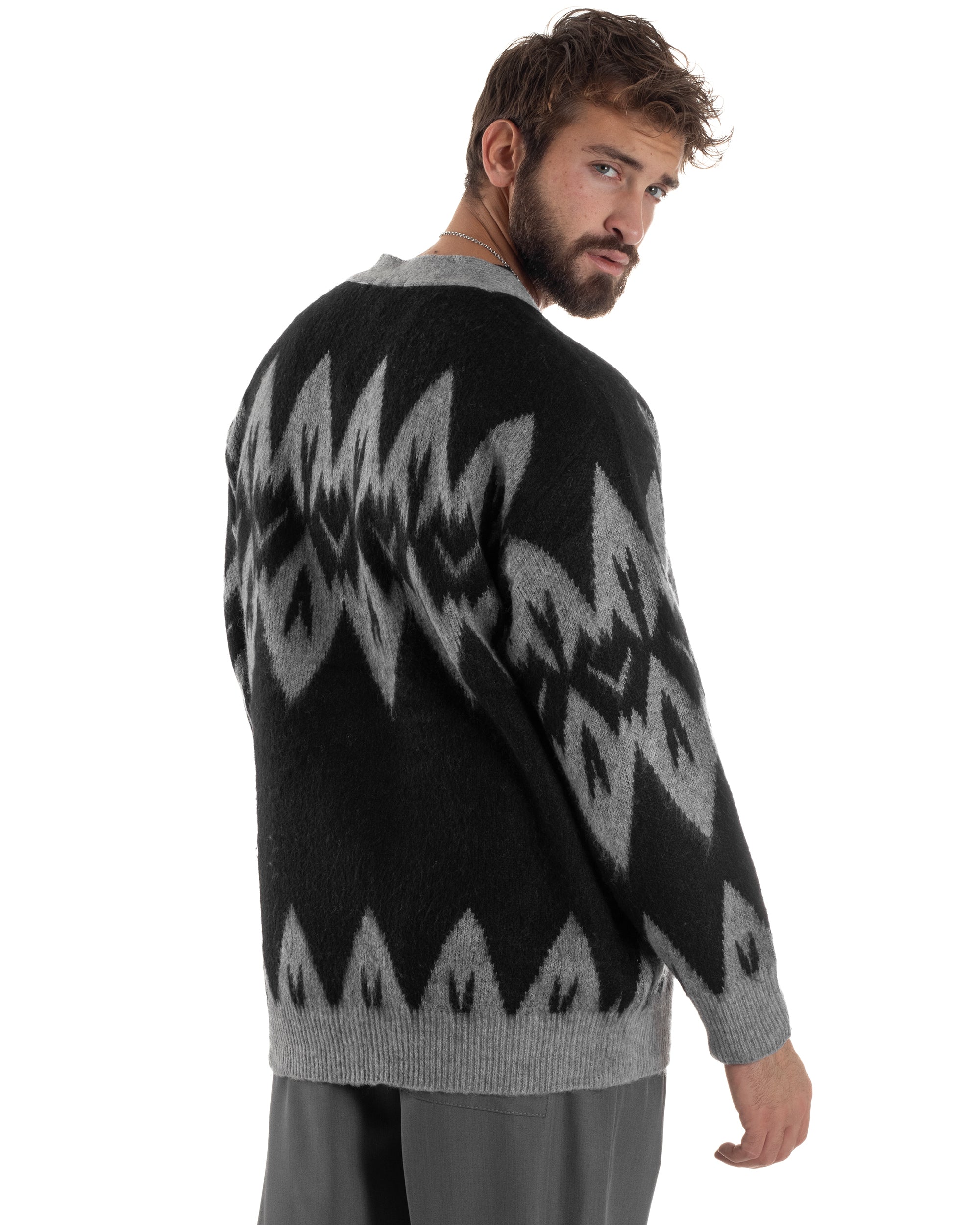 Cardigan Uomo Maglia Morbida Spalle Scese Fantasia Jacquard Bicolore Nero M3077A