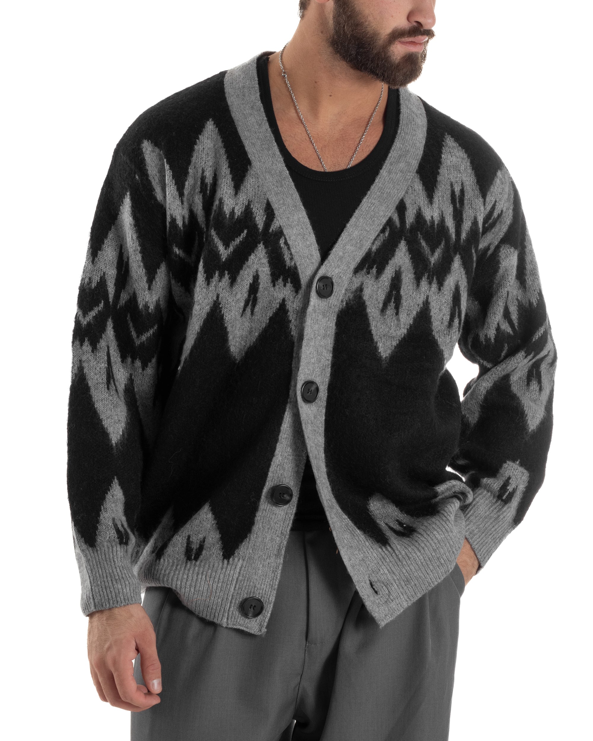 Cardigan Uomo Maglia Morbida Spalle Scese Fantasia Jacquard Bicolore Nero M3077A