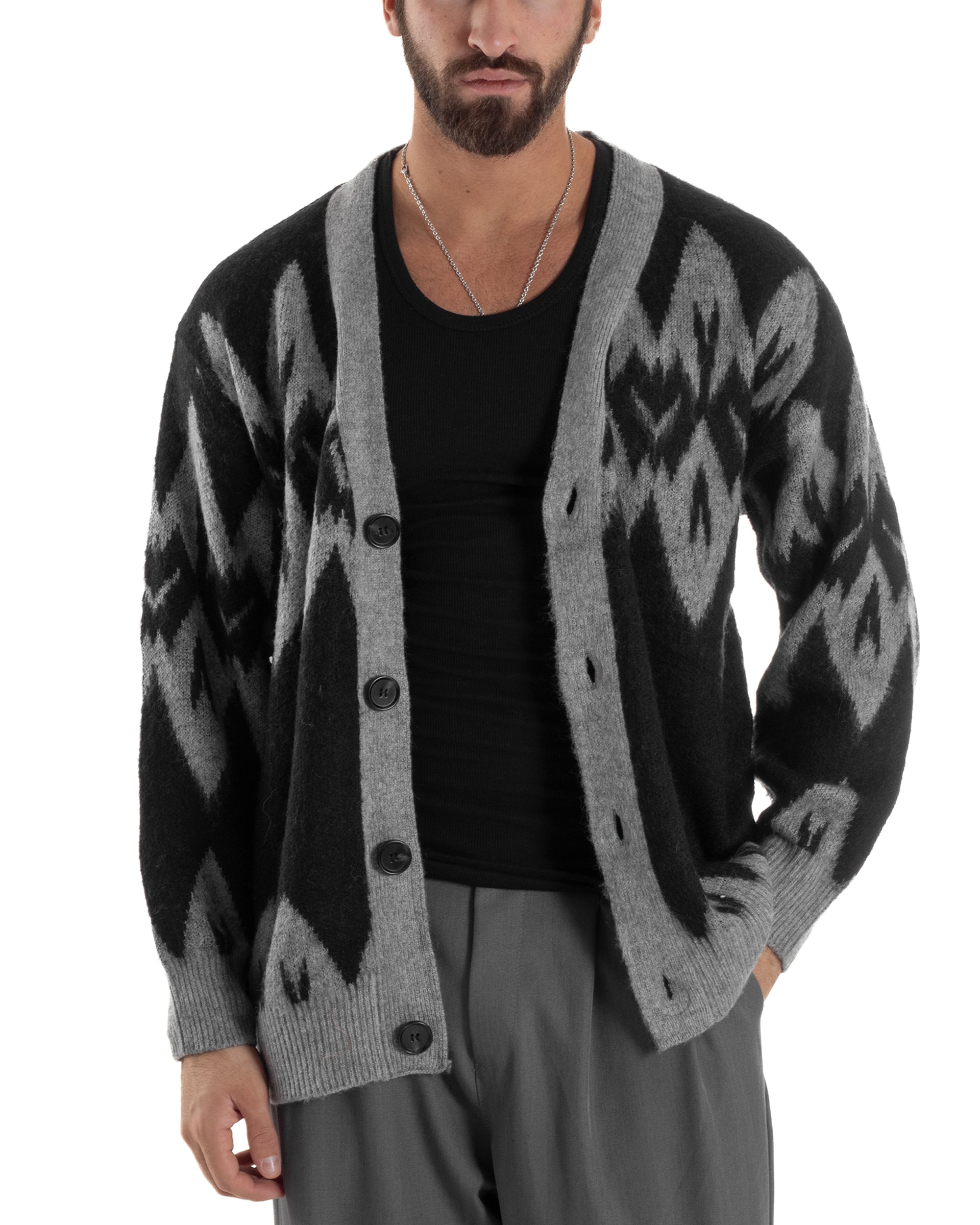 Cardigan Uomo Maglia Morbida Spalle Scese Fantasia Jacquard Bicolore Nero M3077A