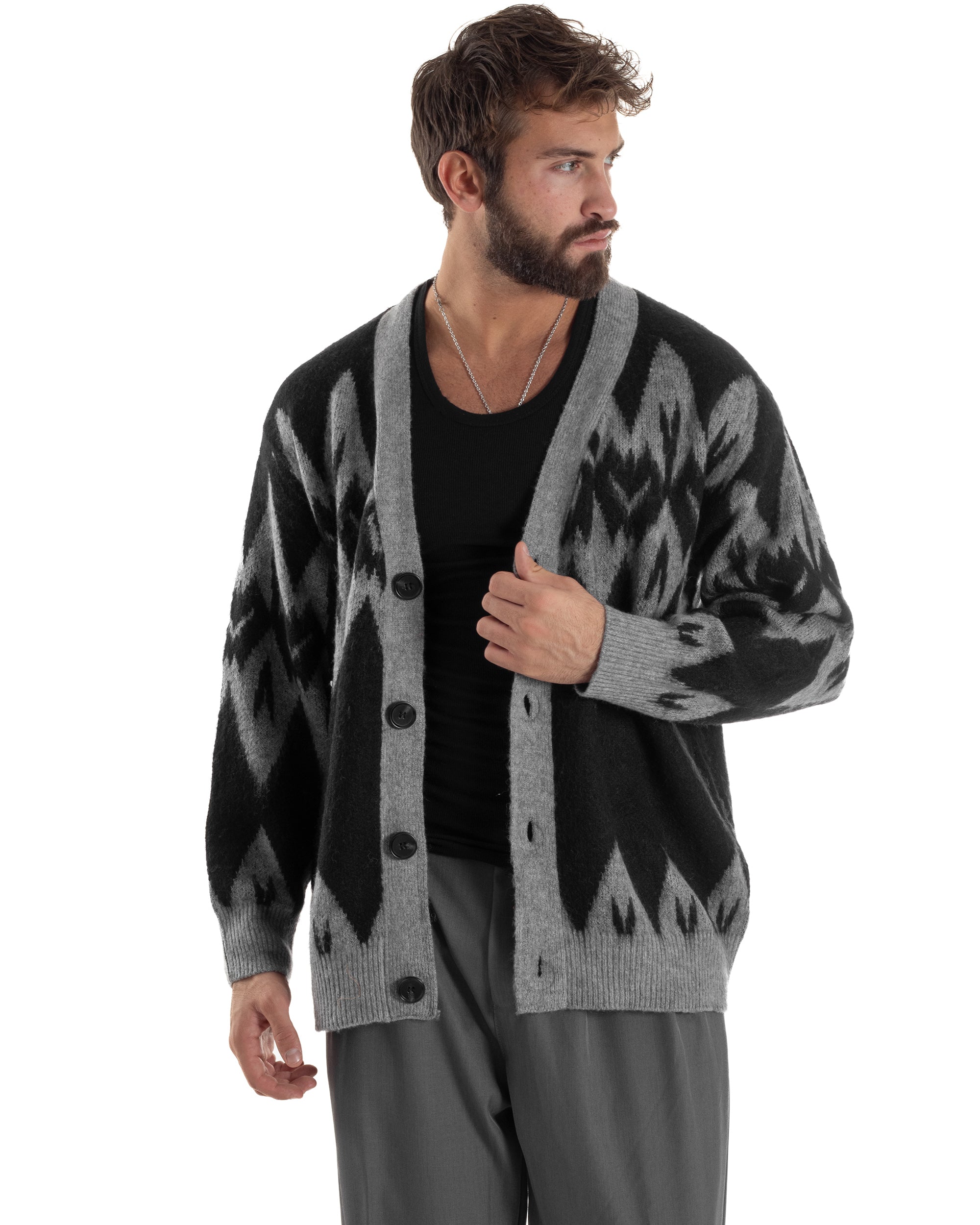 Cardigan Uomo Maglia Morbida Spalle Scese Fantasia Jacquard Bicolore Nero M3077A