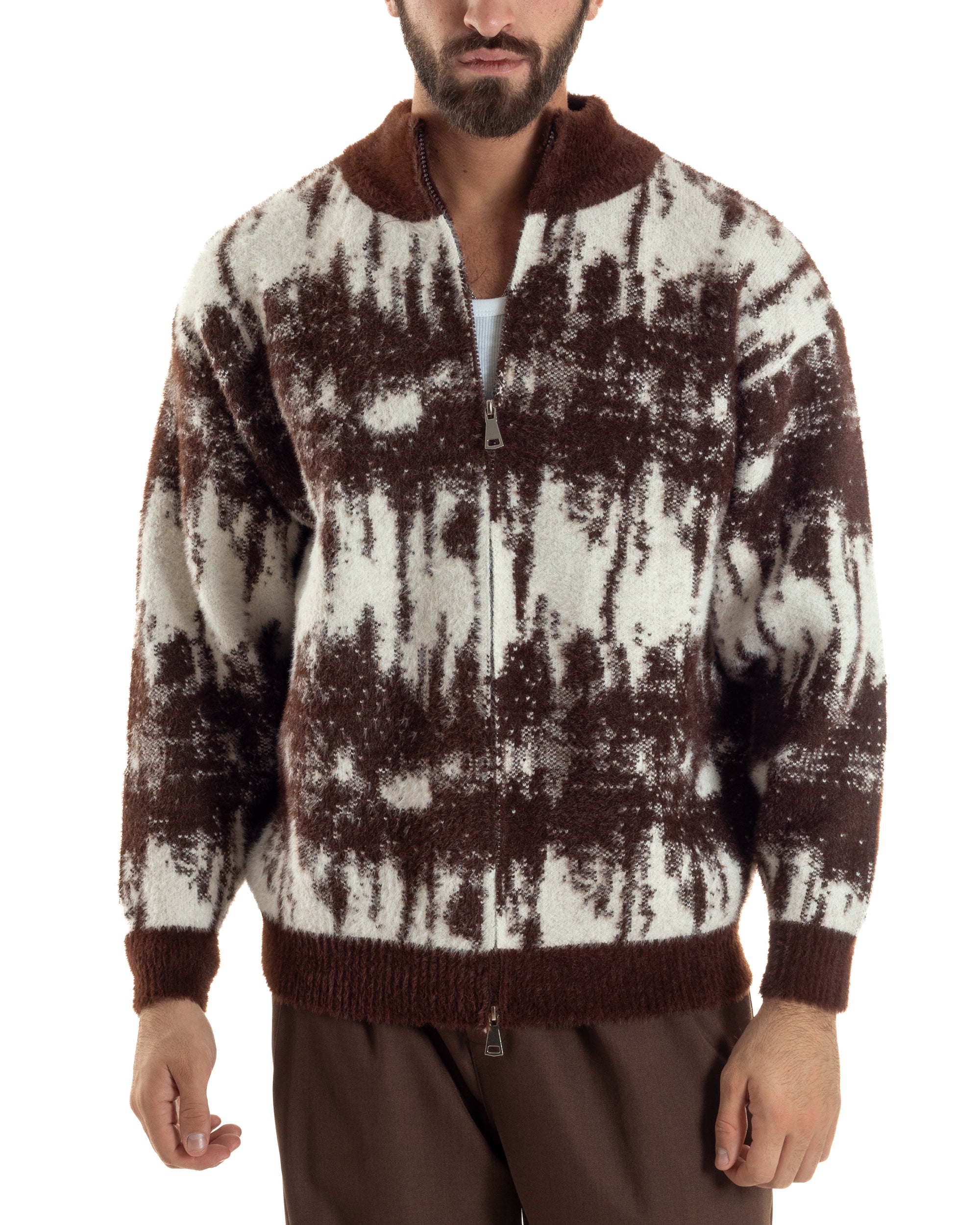 Maglione Uomo Pullover Zip Intera Maglia Lana Mohair Fantasia Bicolore Marrone M3078A