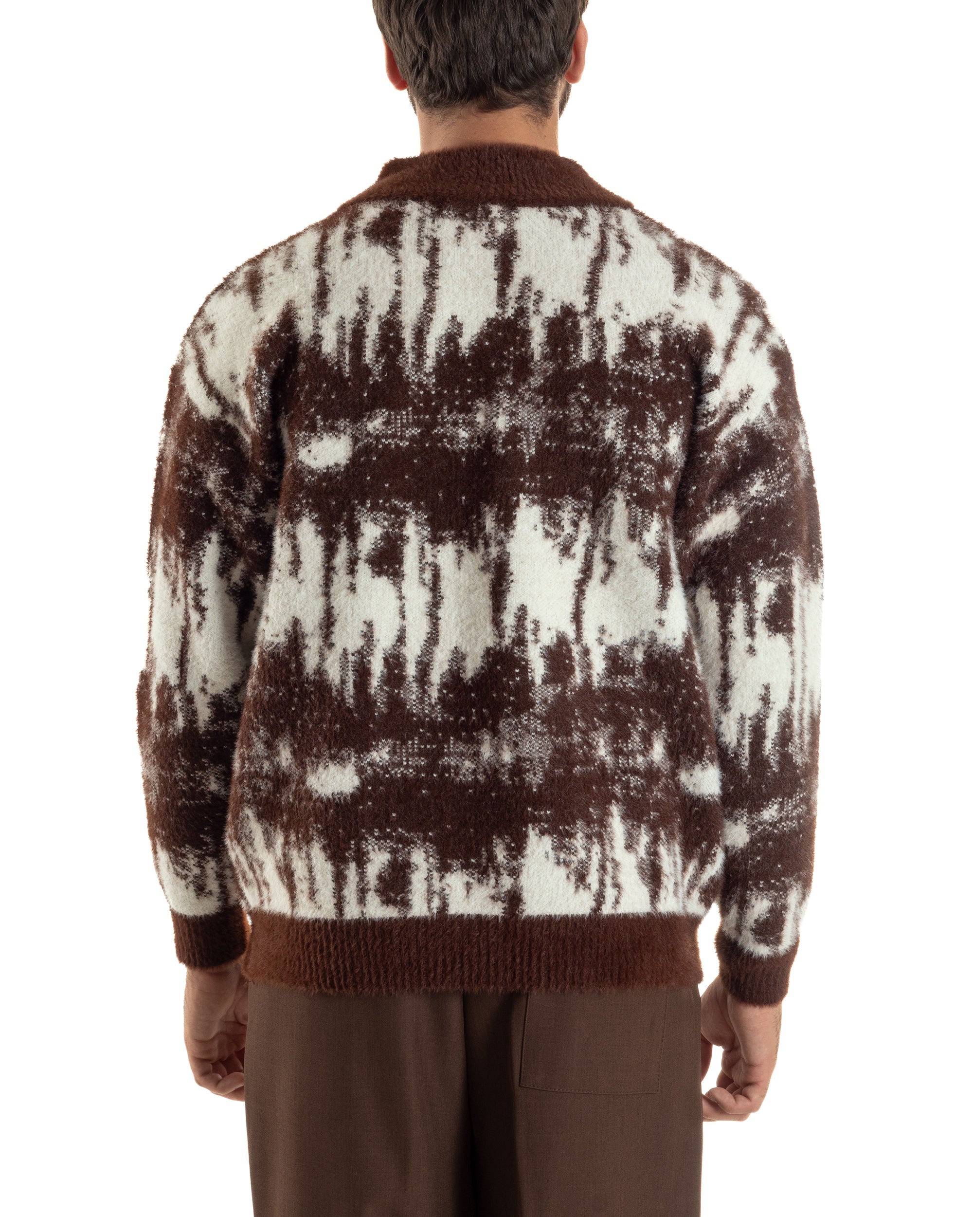 Maglione Uomo Pullover Zip Intera Maglia Lana Mohair Fantasia Bicolore Marrone M3078A