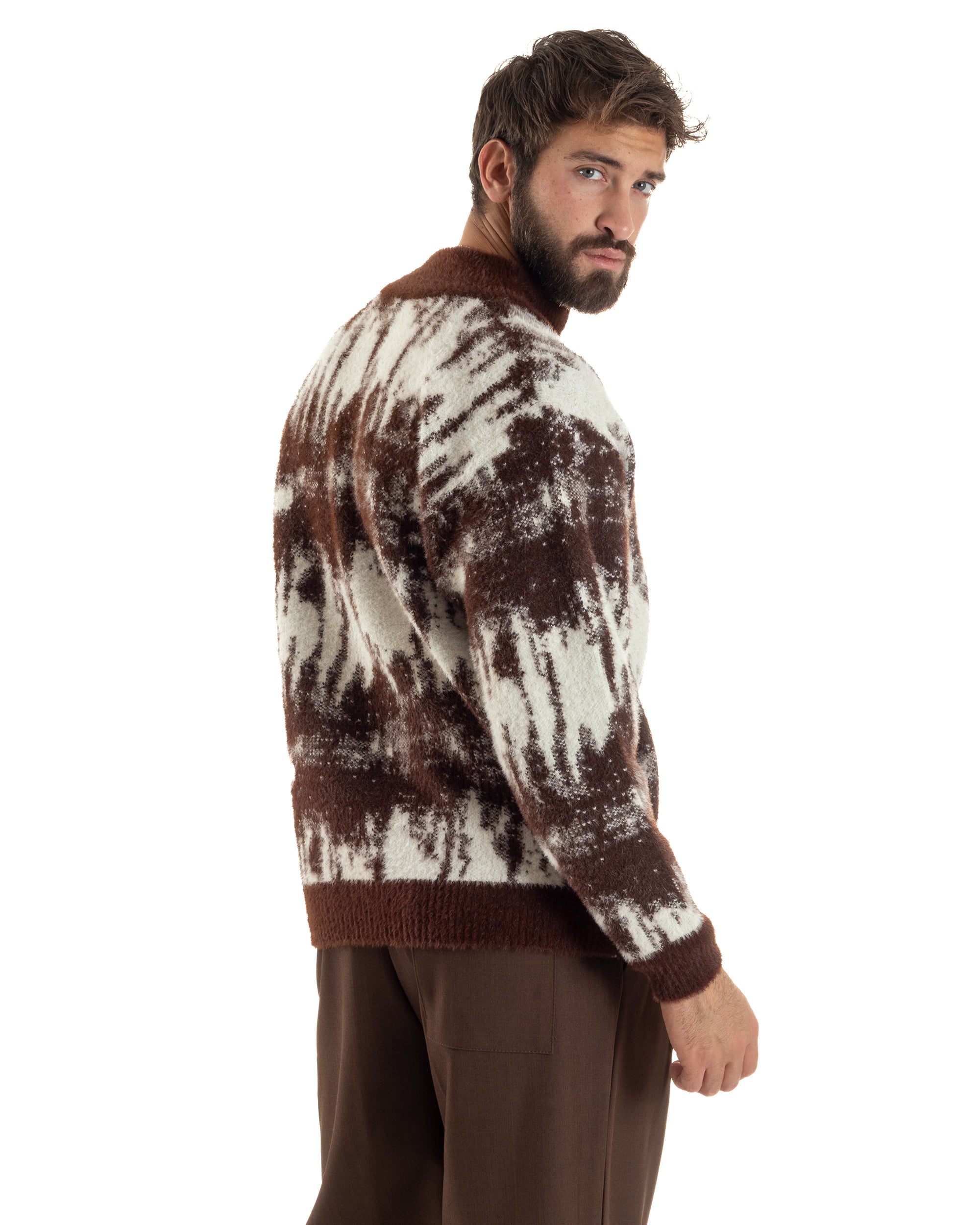 Maglione Uomo Pullover Zip Intera Maglia Lana Mohair Fantasia Bicolore Marrone M3078A