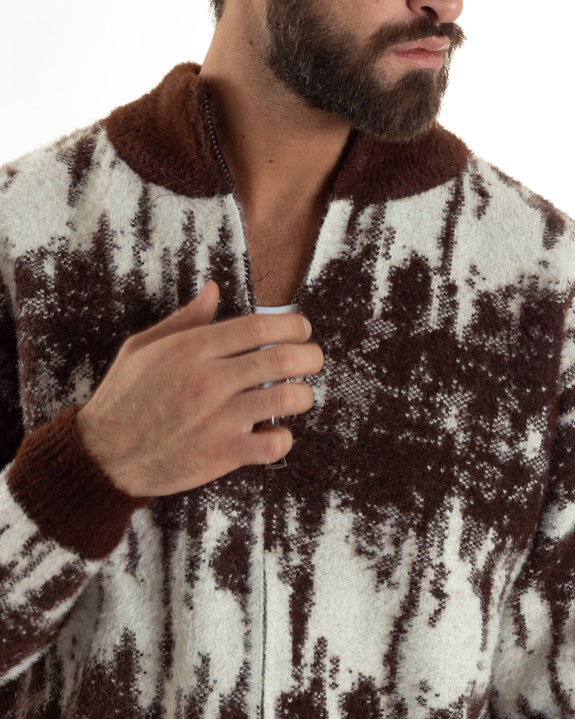 Maglione Uomo Pullover Zip Intera Maglia Lana Mohair Fantasia Bicolore Marrone M3078A