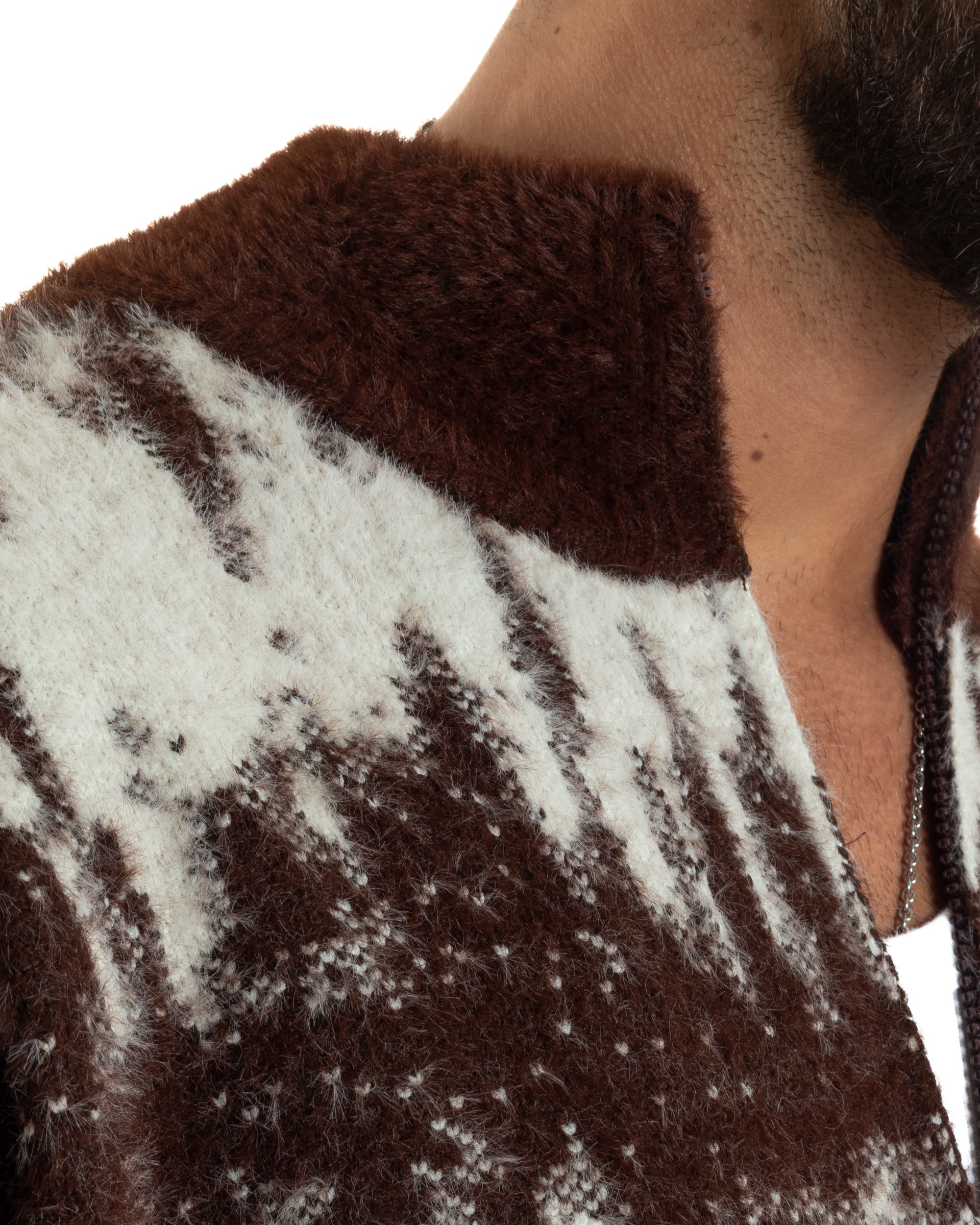 Maglione Uomo Pullover Zip Intera Maglia Lana Mohair Fantasia Bicolore Marrone M3078A