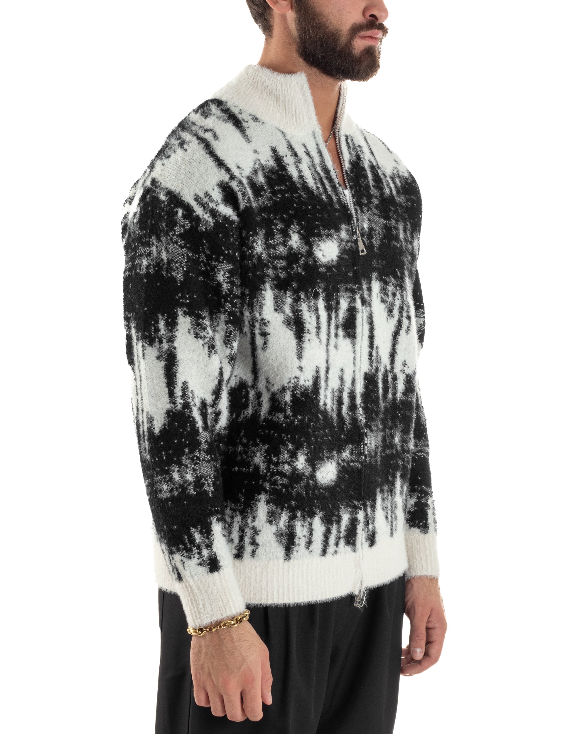 Maglione Uomo Pullover Zip Intera Maglia Lana Mohair Fantasia Bicolore Nero M3079A