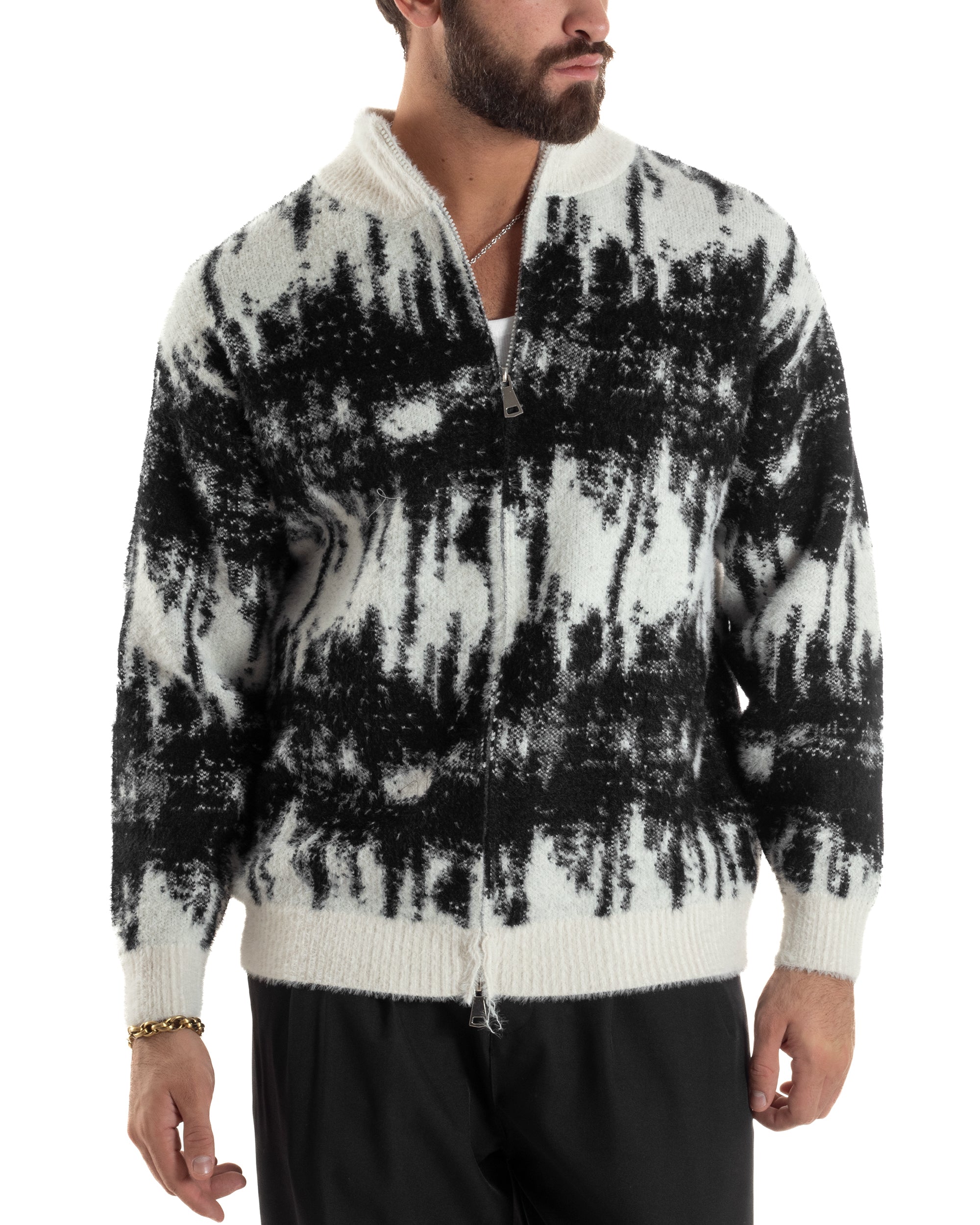 Maglione Uomo Pullover Zip Intera Maglia Lana Mohair Fantasia Bicolore Nero M3079A