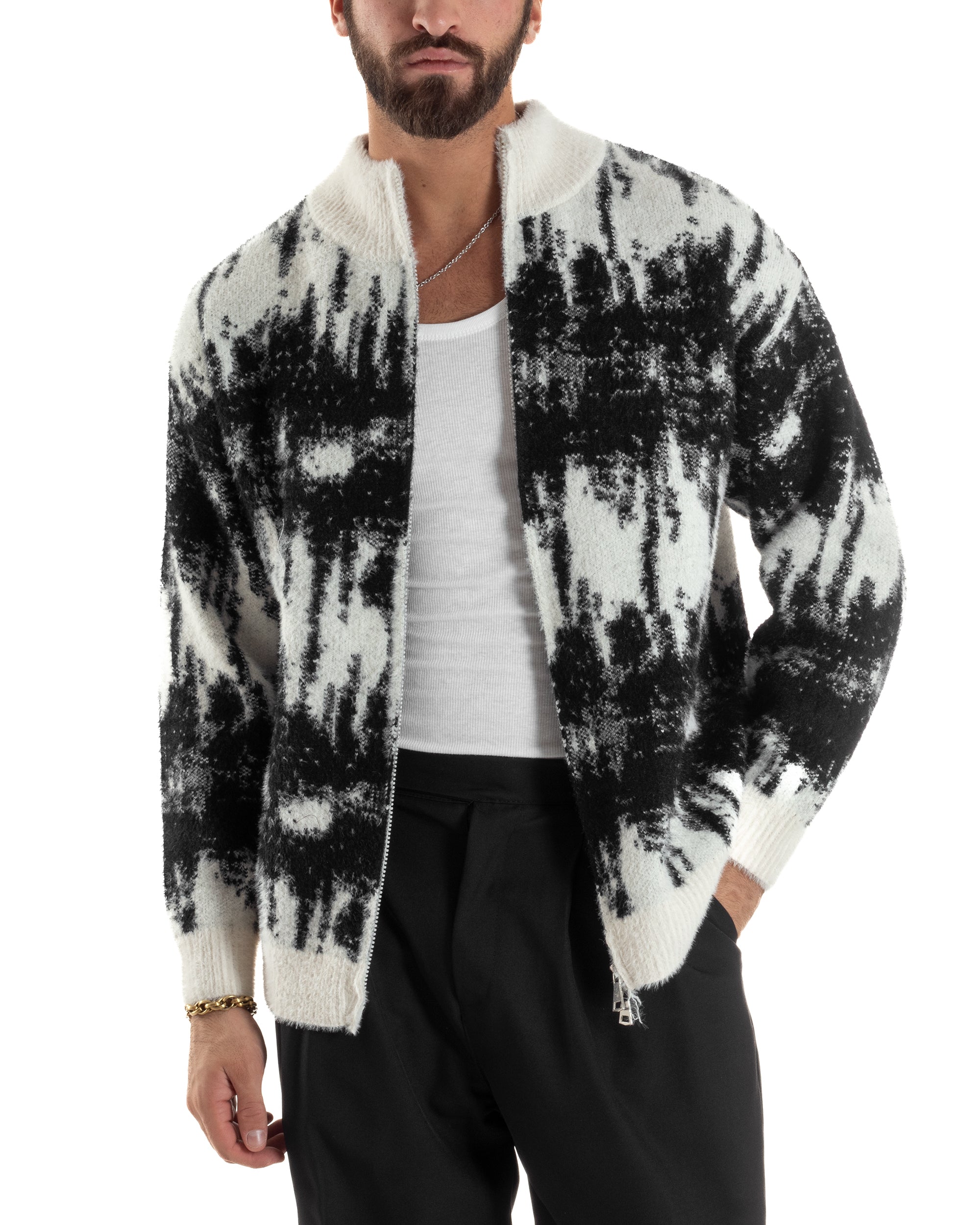 Maglione Uomo Pullover Zip Intera Maglia Lana Mohair Fantasia Bicolore Nero M3079A