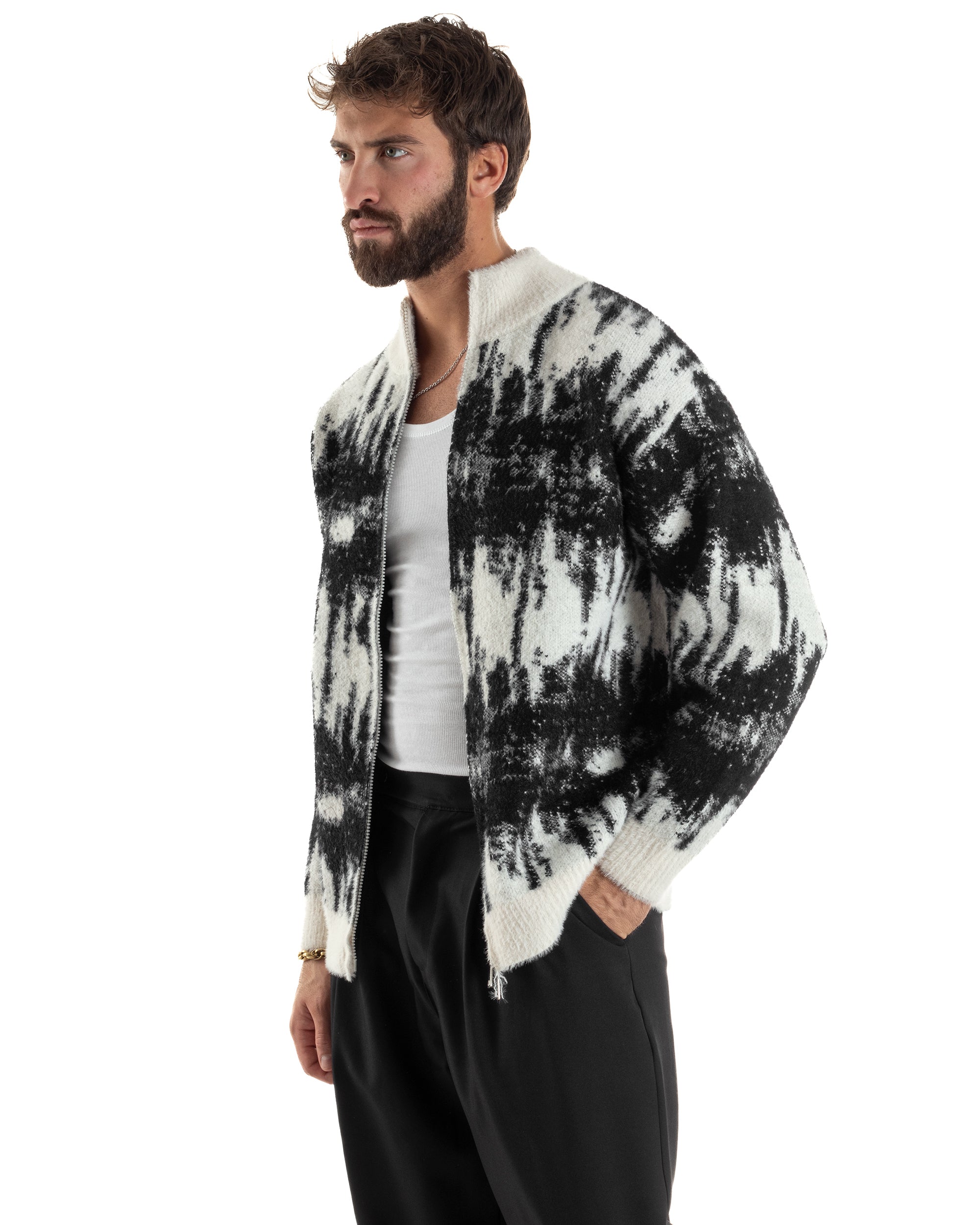 Maglione Uomo Pullover Zip Intera Maglia Lana Mohair Fantasia Bicolore Nero M3079A
