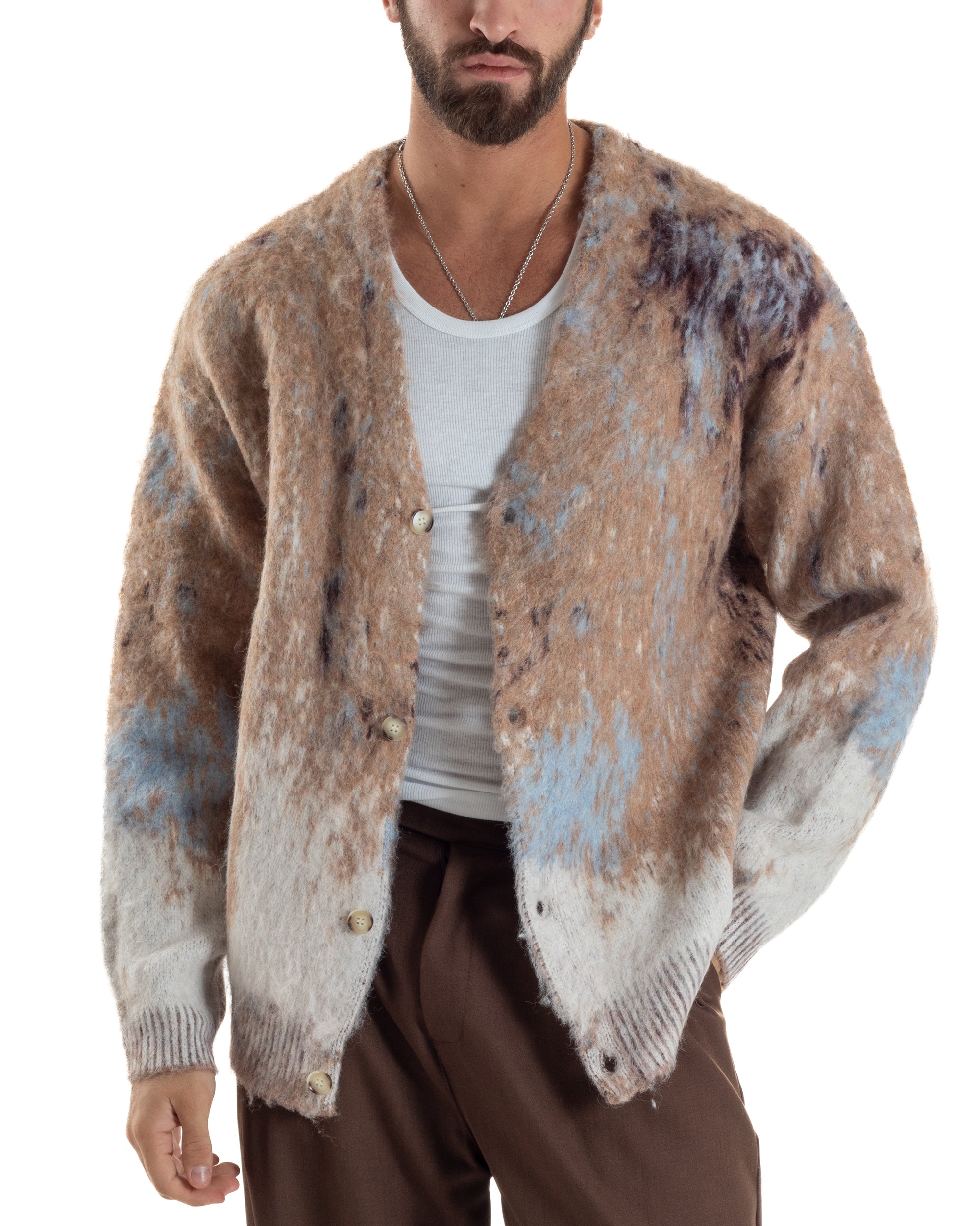 Cardigan Uomo Maglia Mohair Morbida Spalle Scese Fantasia Sfumata Multicolore Beige M3080A