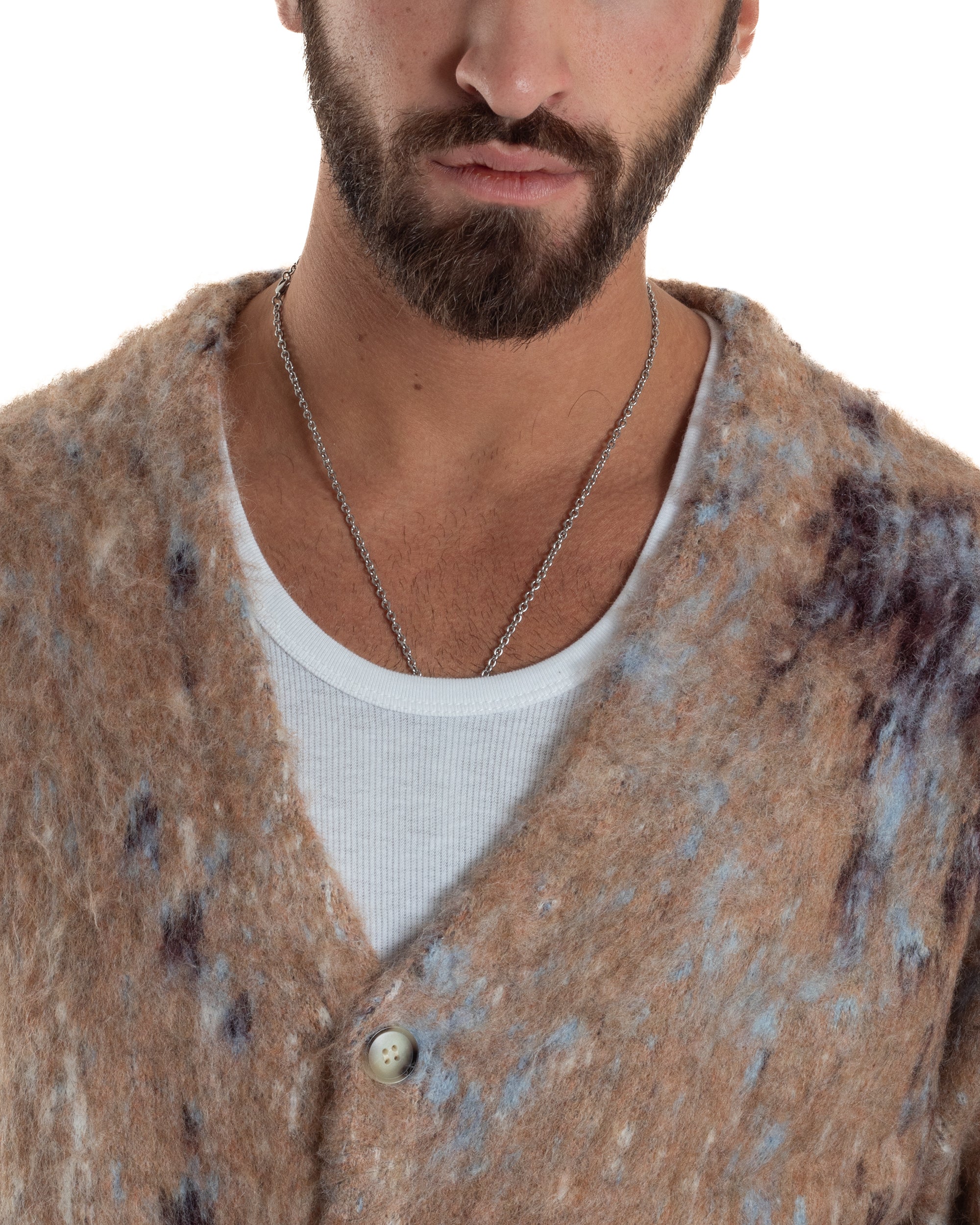 Cardigan Uomo Maglia Mohair Morbida Spalle Scese Fantasia Sfumata Multicolore Beige M3080A