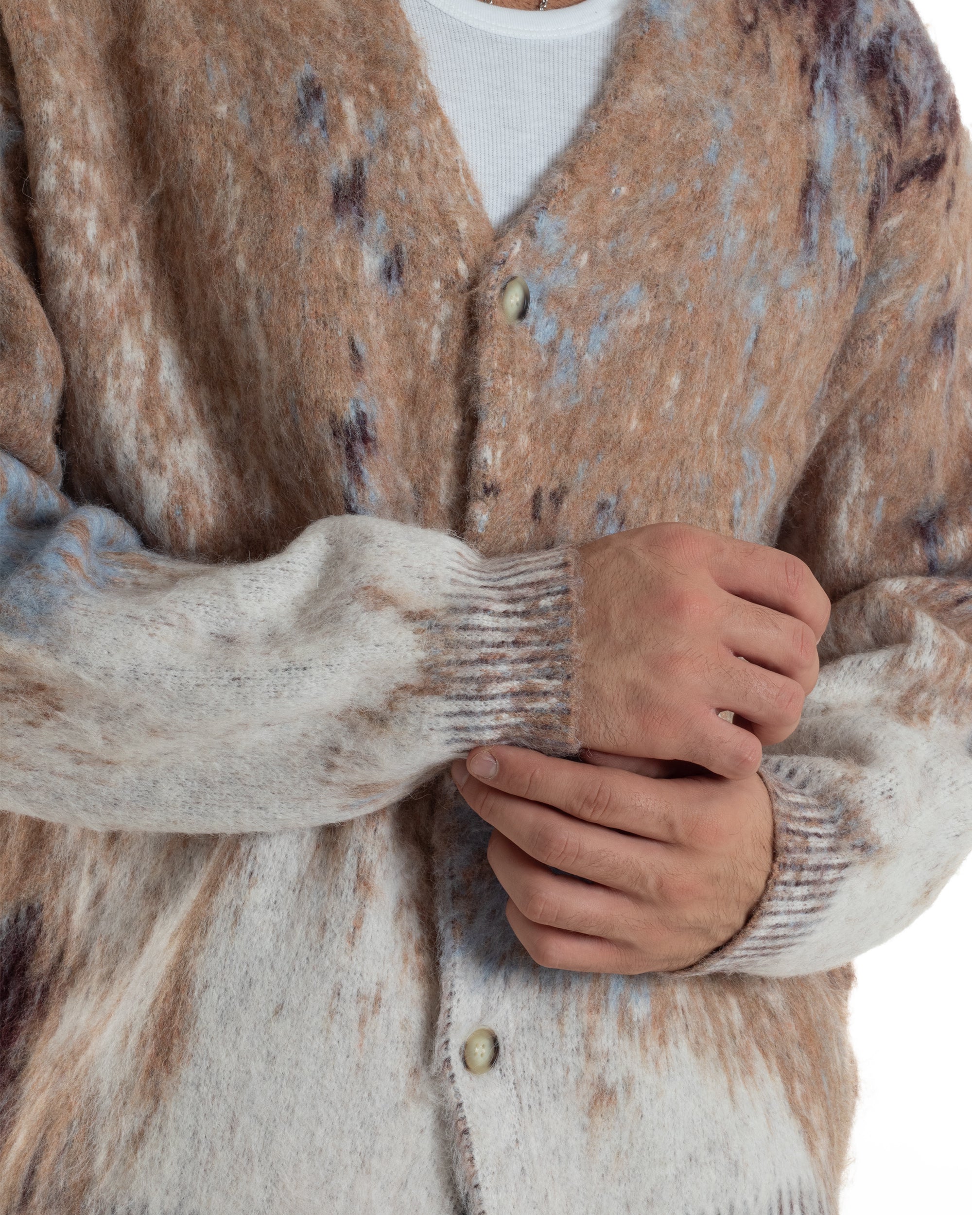 Cardigan Uomo Maglia Mohair Morbida Spalle Scese Fantasia Sfumata Multicolore Beige M3080A