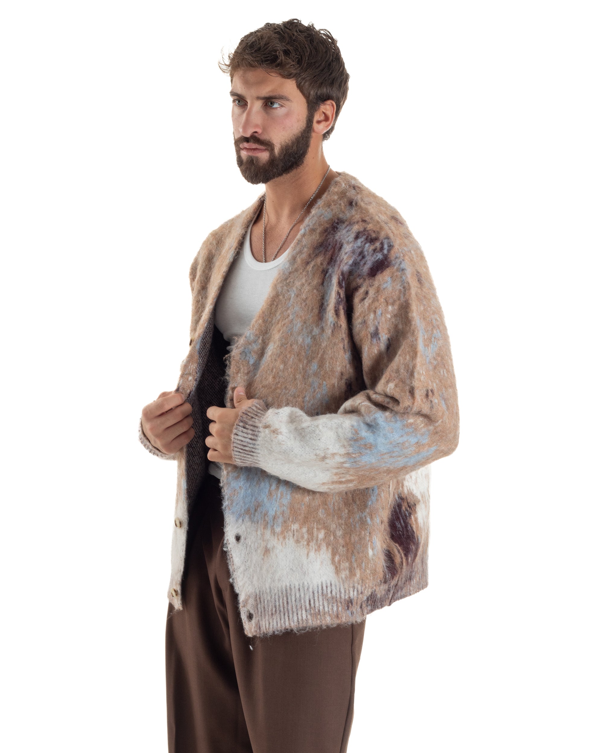 Cardigan Uomo Maglia Mohair Morbida Spalle Scese Fantasia Sfumata Multicolore Beige M3080A
