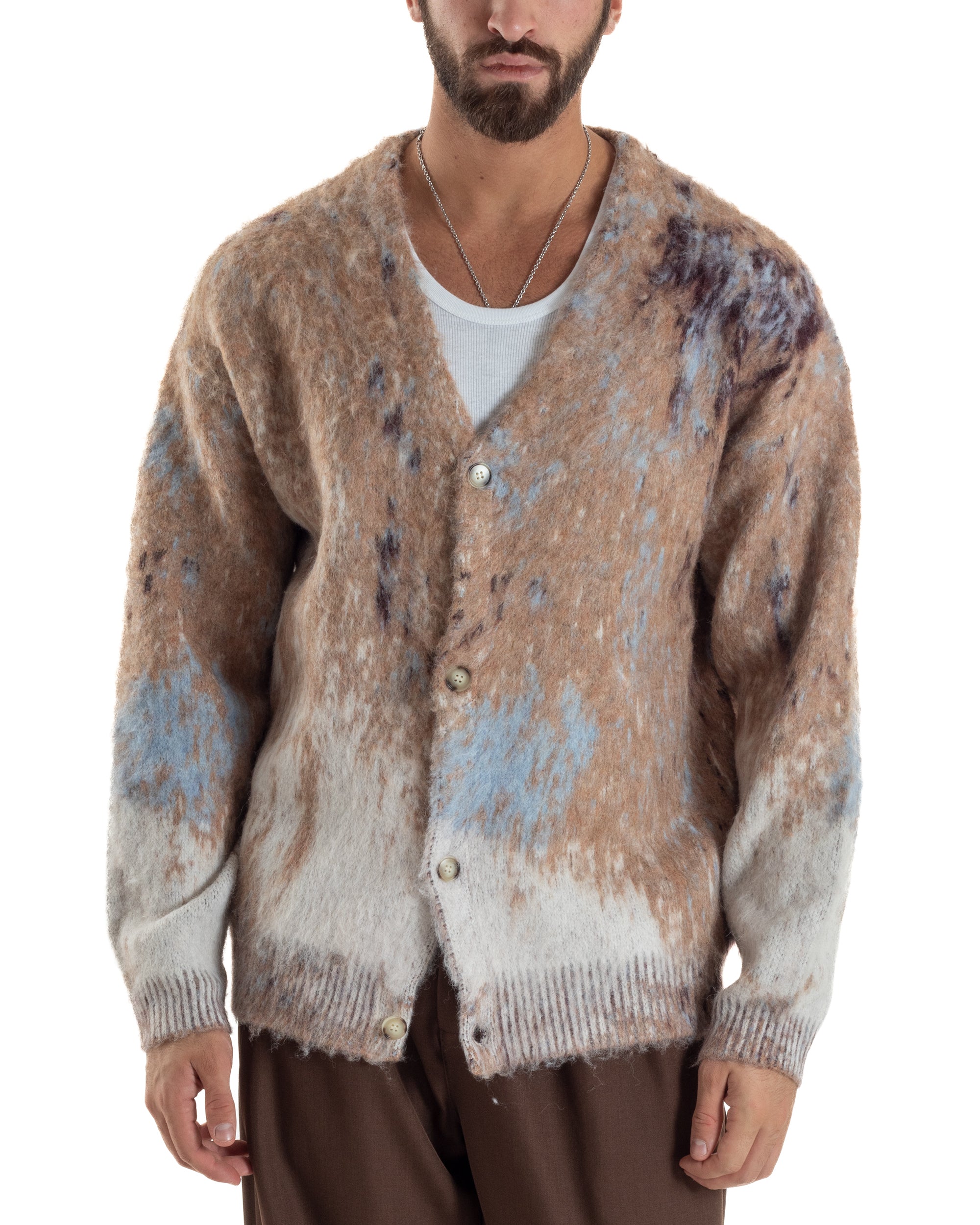 Cardigan Uomo Maglia Mohair Morbida Spalle Scese Fantasia Sfumata Multicolore Beige M3080A