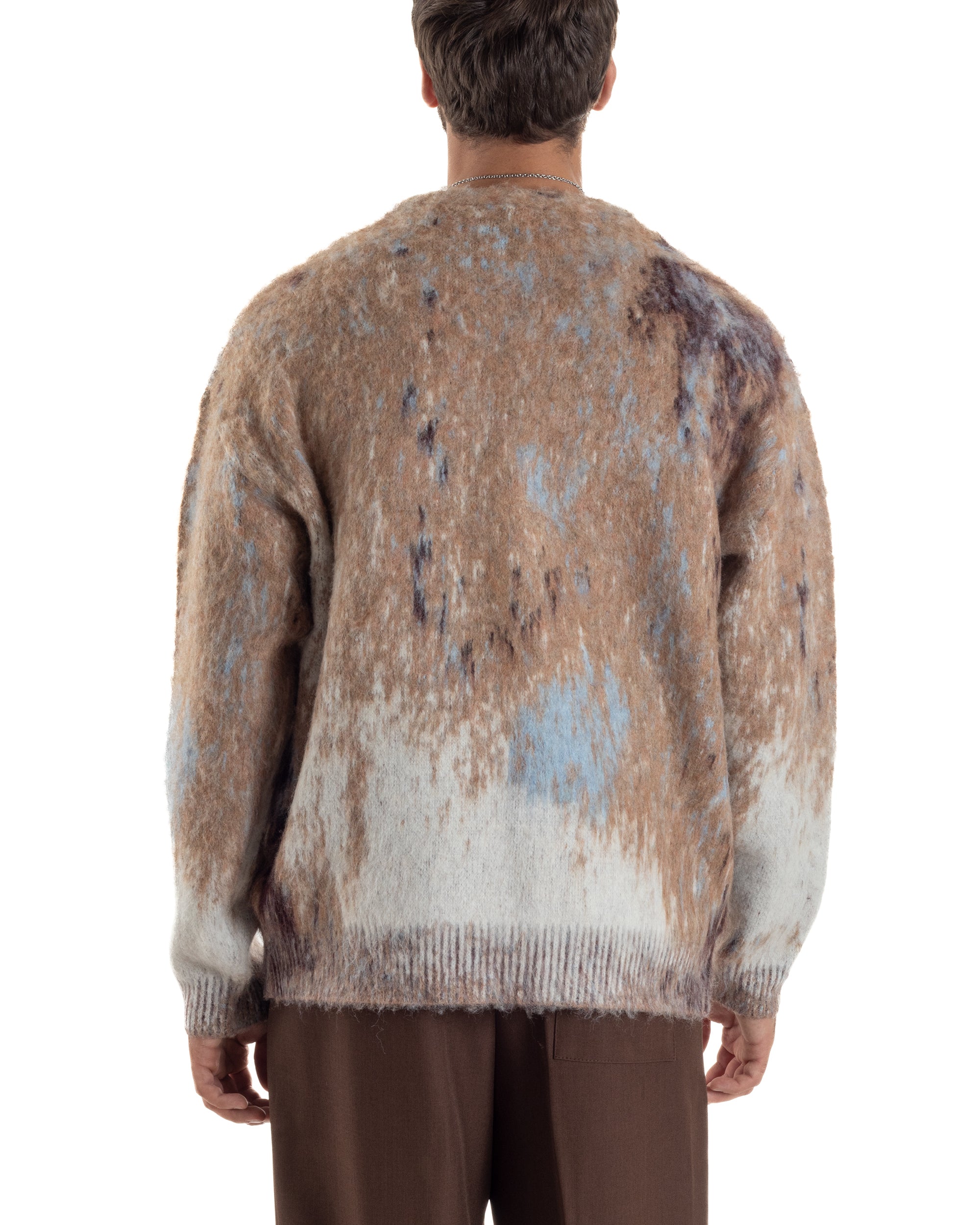 Cardigan Uomo Maglia Mohair Morbida Spalle Scese Fantasia Sfumata Multicolore Beige M3080A