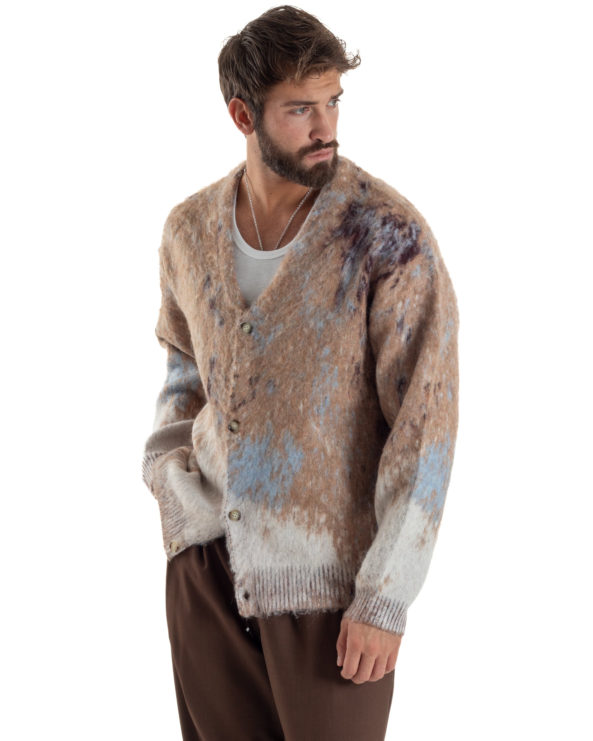 Cardigan Uomo Maglia Mohair Morbida Spalle Scese Fantasia Sfumata Multicolore Beige M3080A
