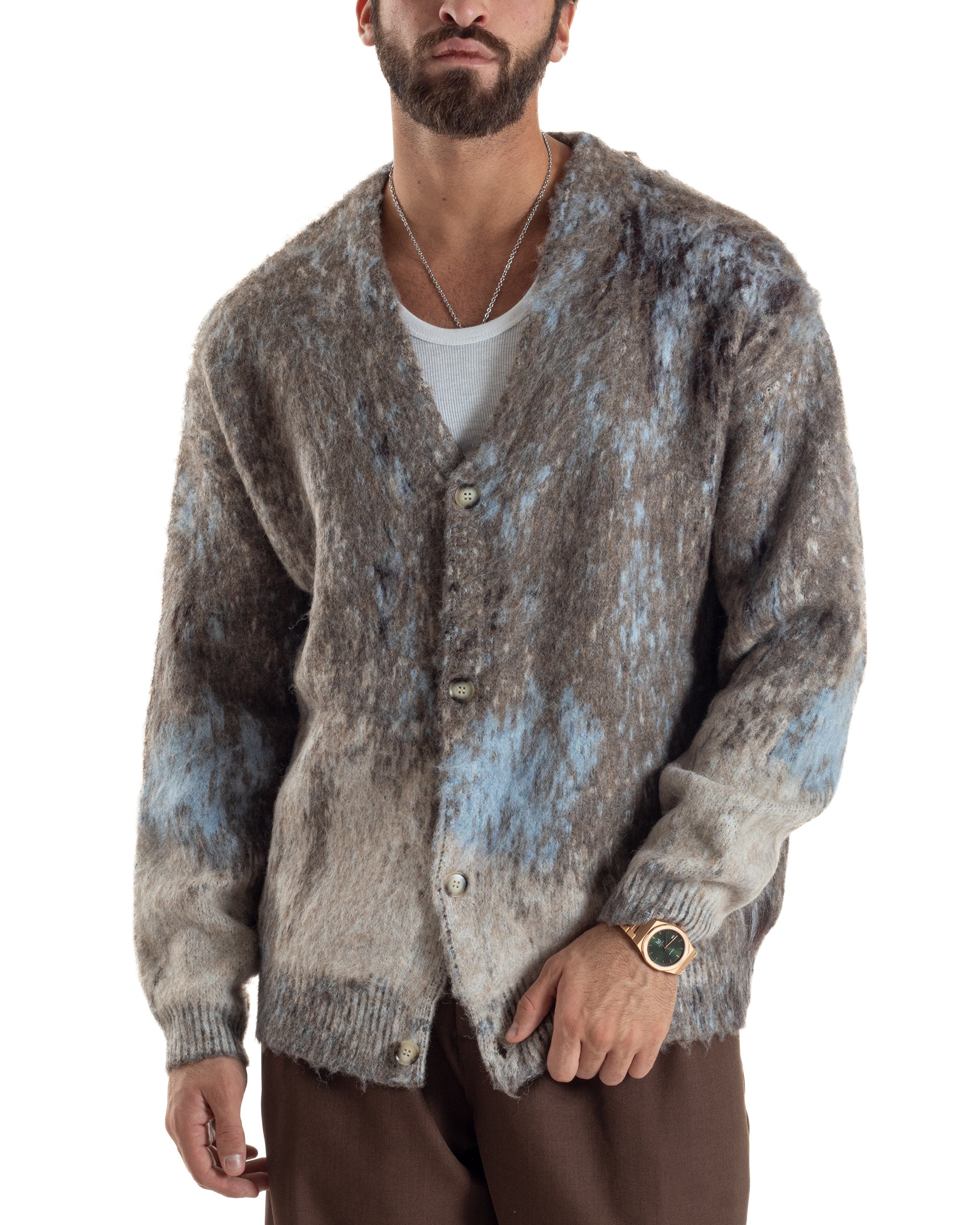 Cardigan Uomo Maglia Mohair Morbida Spalle Scese Fantasia Sfumata Multicolore Marrone M3081A