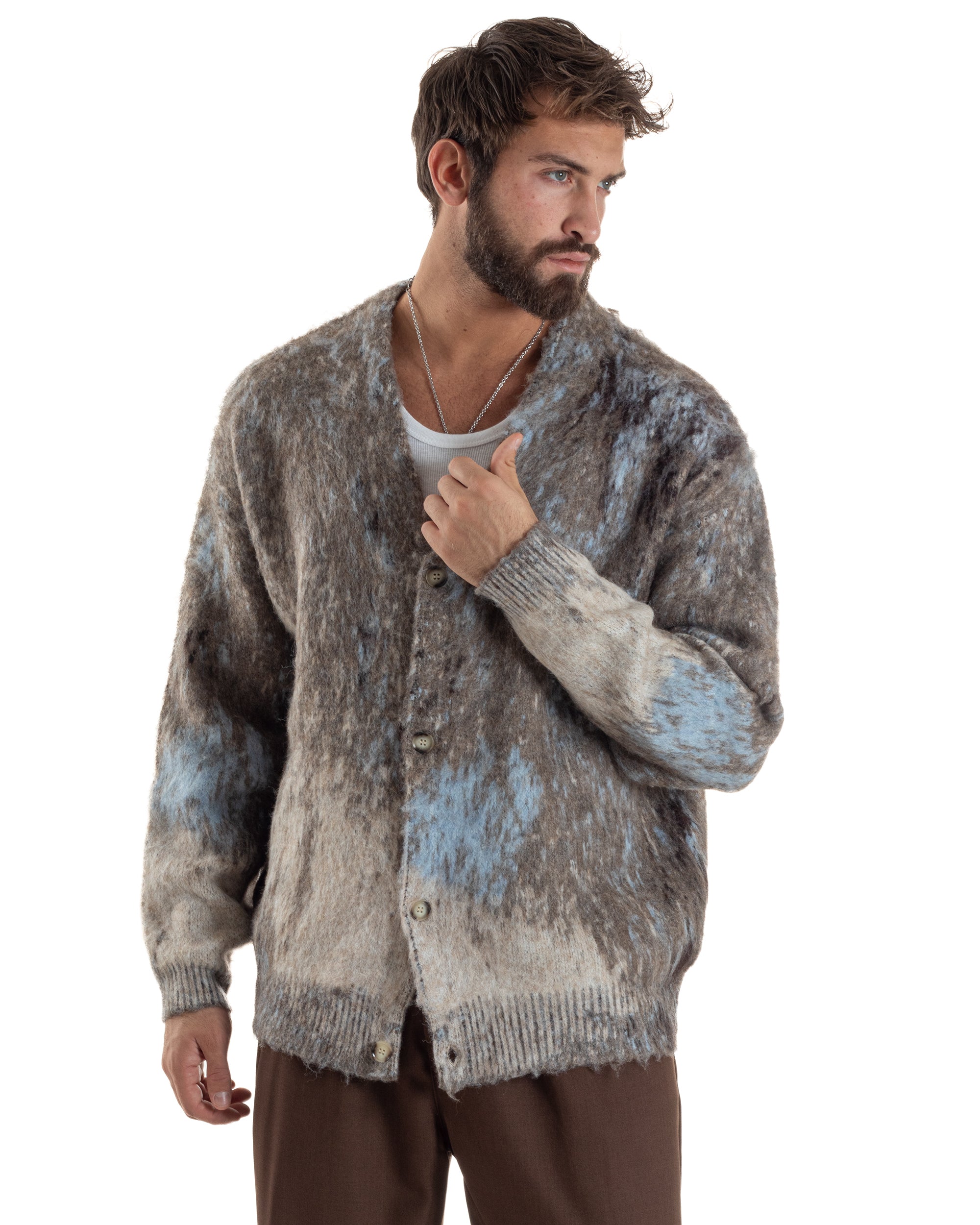 Cardigan Uomo Maglia Mohair Morbida Spalle Scese Fantasia Sfumata Multicolore Marrone M3081A