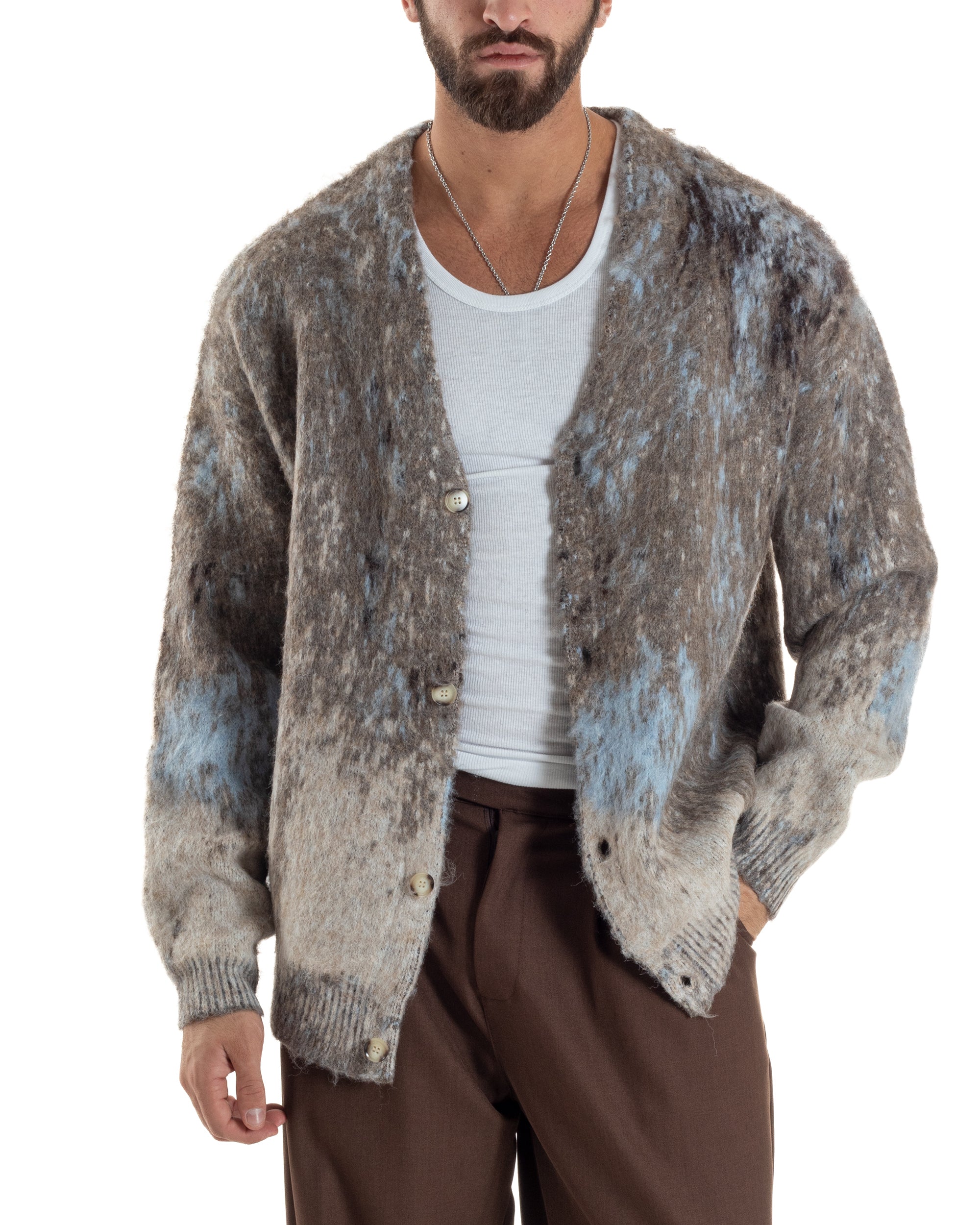 Cardigan Uomo Maglia Mohair Morbida Spalle Scese Fantasia Sfumata Multicolore Marrone M3081A