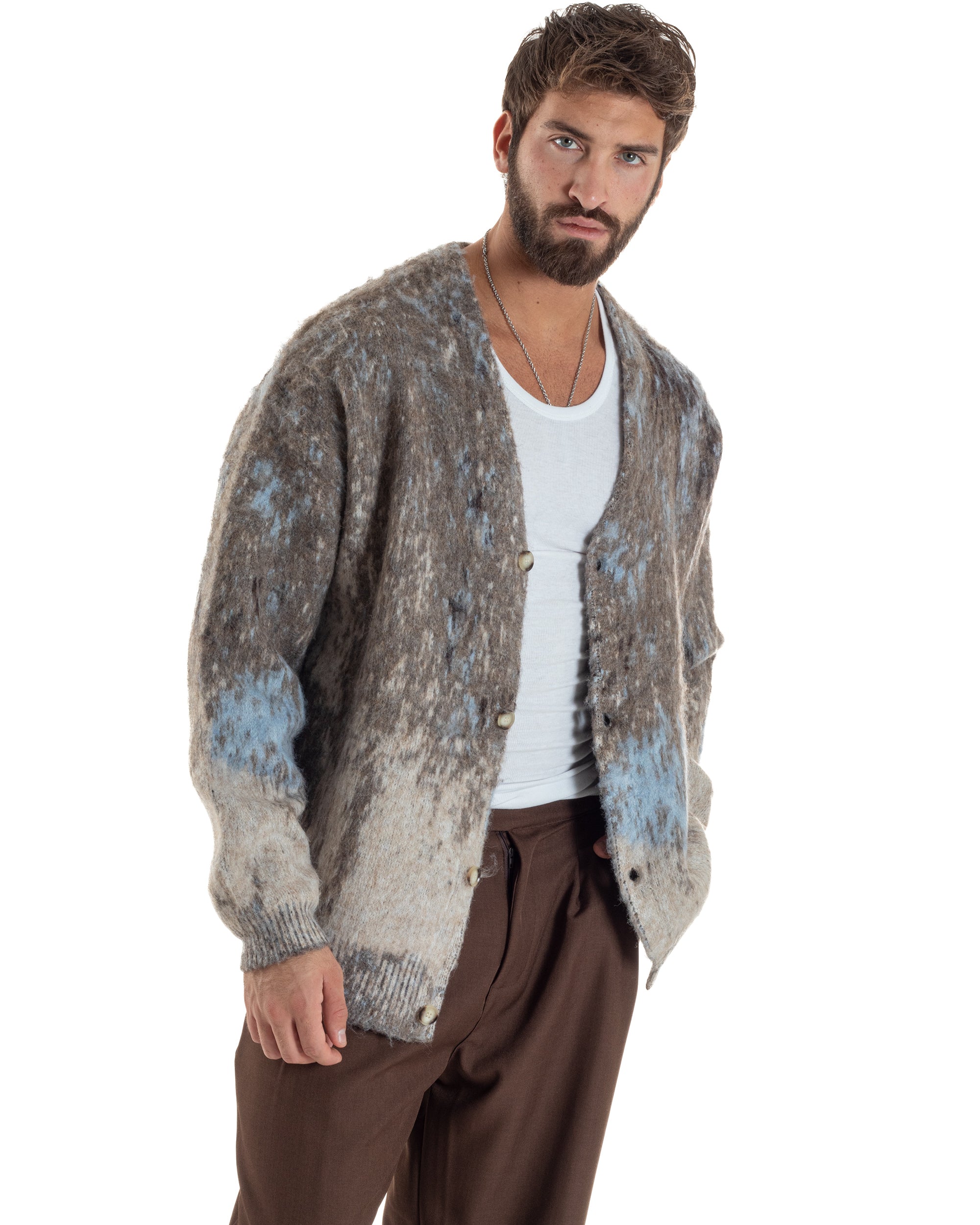 Cardigan Uomo Maglia Mohair Morbida Spalle Scese Fantasia Sfumata Multicolore Marrone M3081A