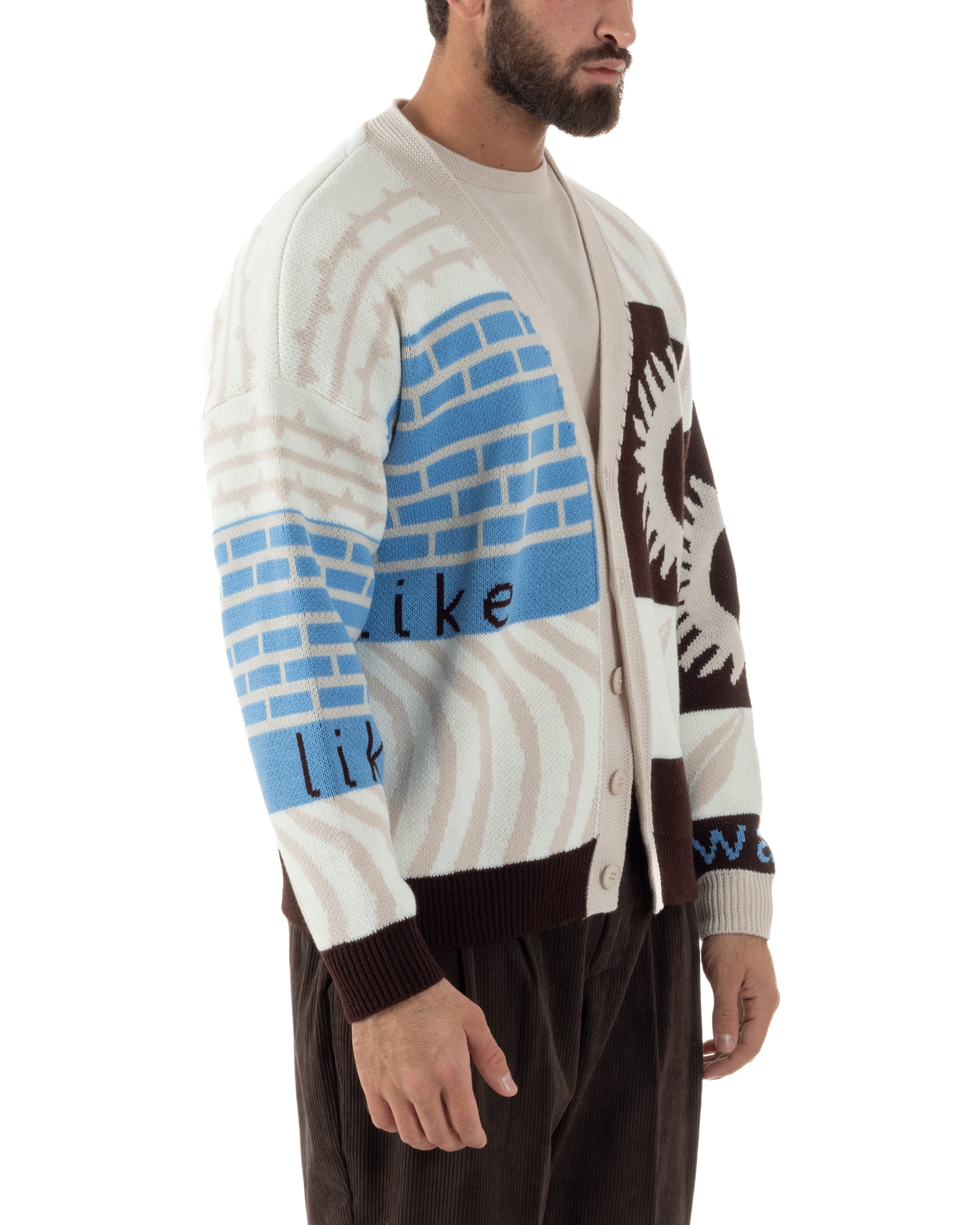 Cardigan Uomo Maniche Raglan Spalle Scese Fantasia Multicolore BlackSunday Beige M3082A