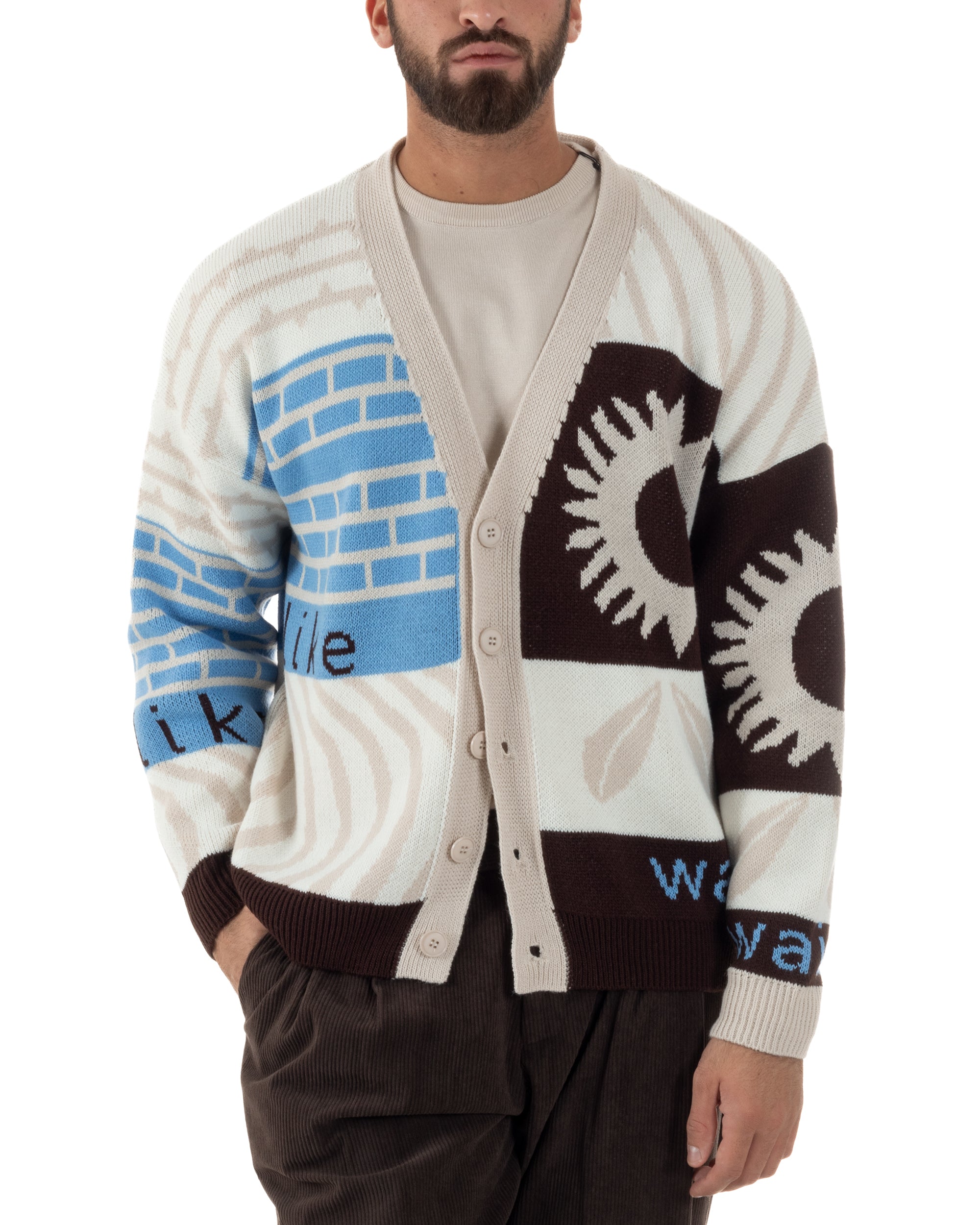 Cardigan Uomo Maniche Raglan Spalle Scese Fantasia Multicolore BlackSunday Beige M3082A