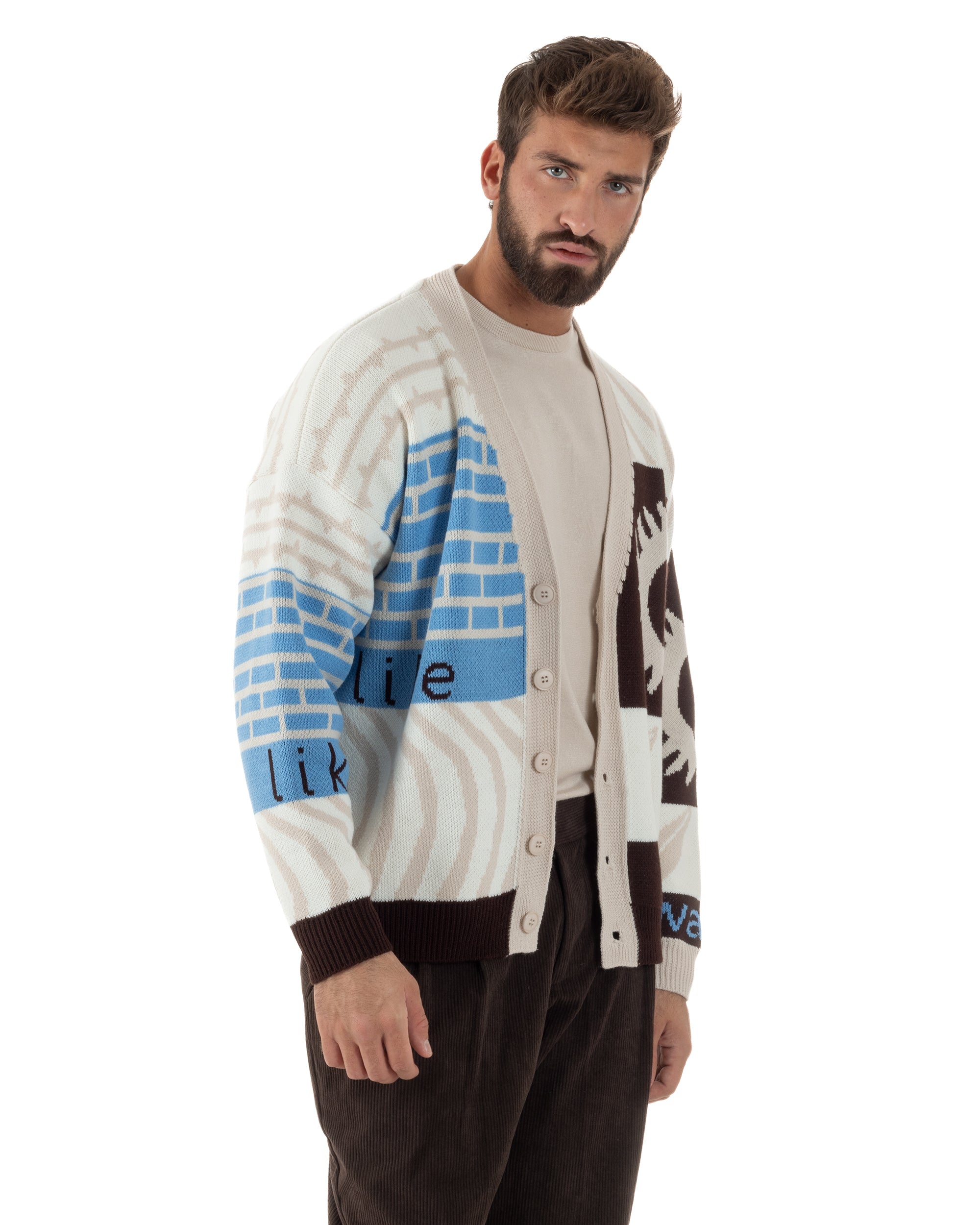 Cardigan Uomo Maniche Raglan Spalle Scese Fantasia Multicolore BlackSunday Beige M3082A