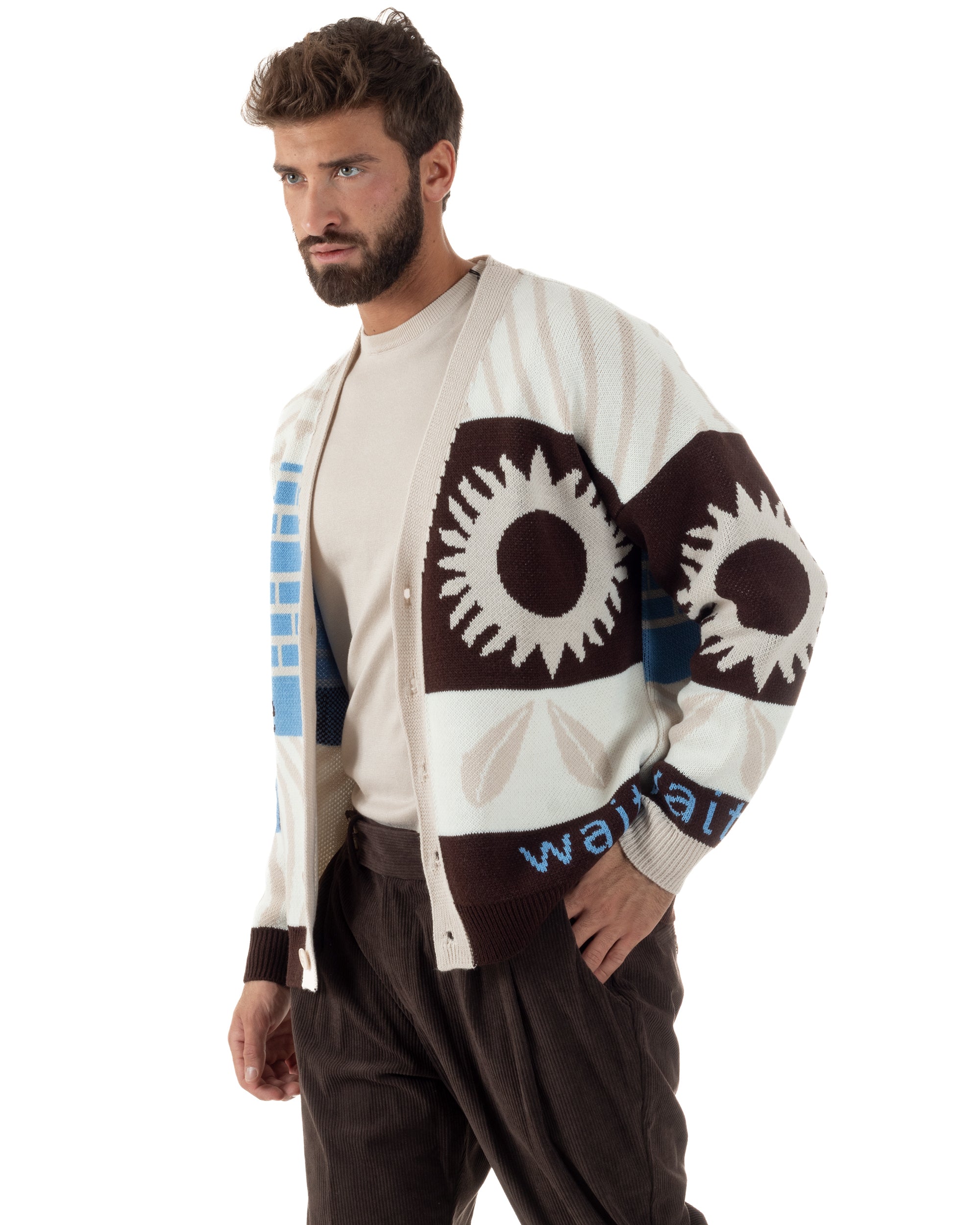 Cardigan Uomo Maniche Raglan Spalle Scese Fantasia Multicolore BlackSunday Beige M3082A