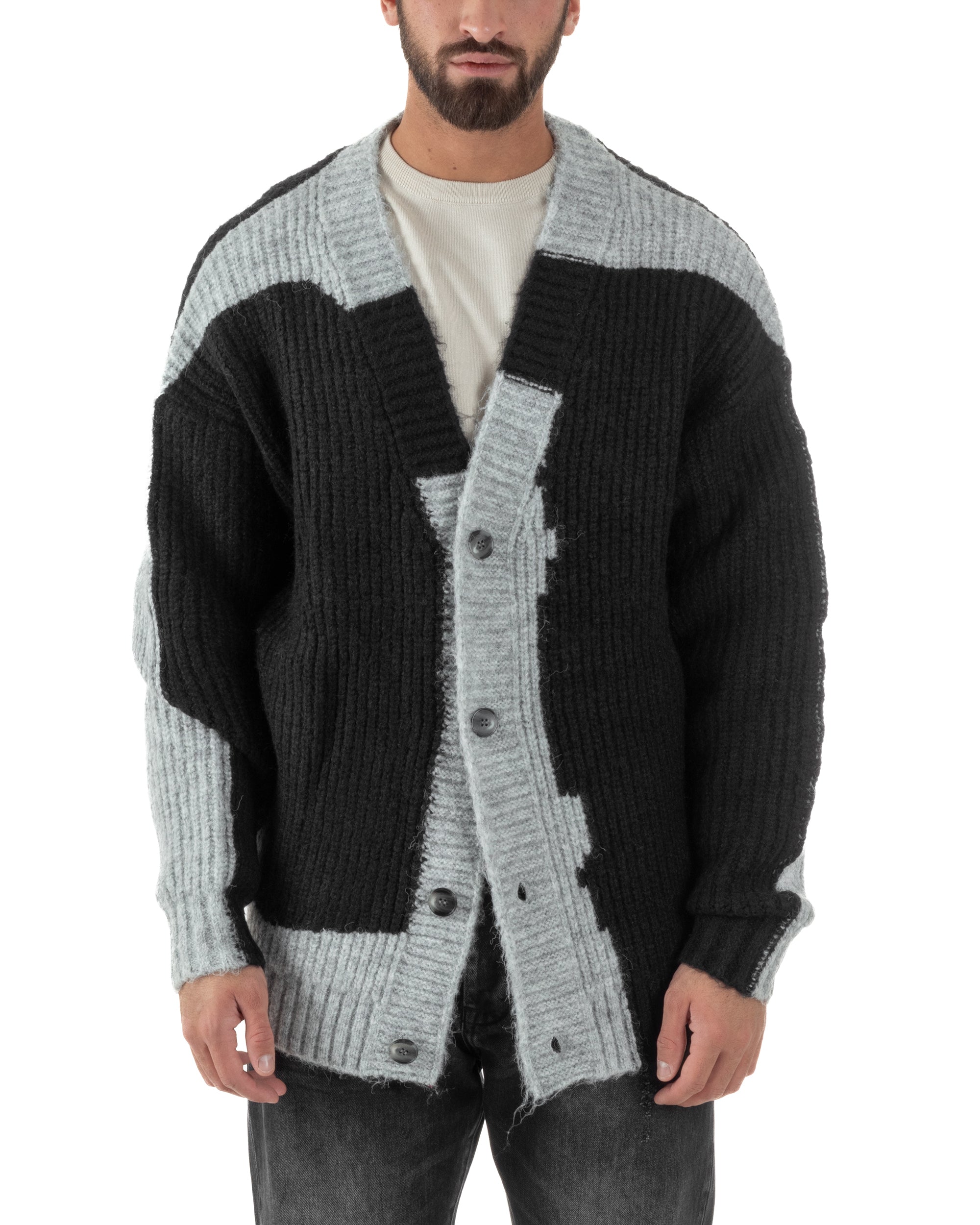 Cardigan Uomo Over Maglia Calda Maniche Raglan Spalle Scese Bicolore Nero M3083A