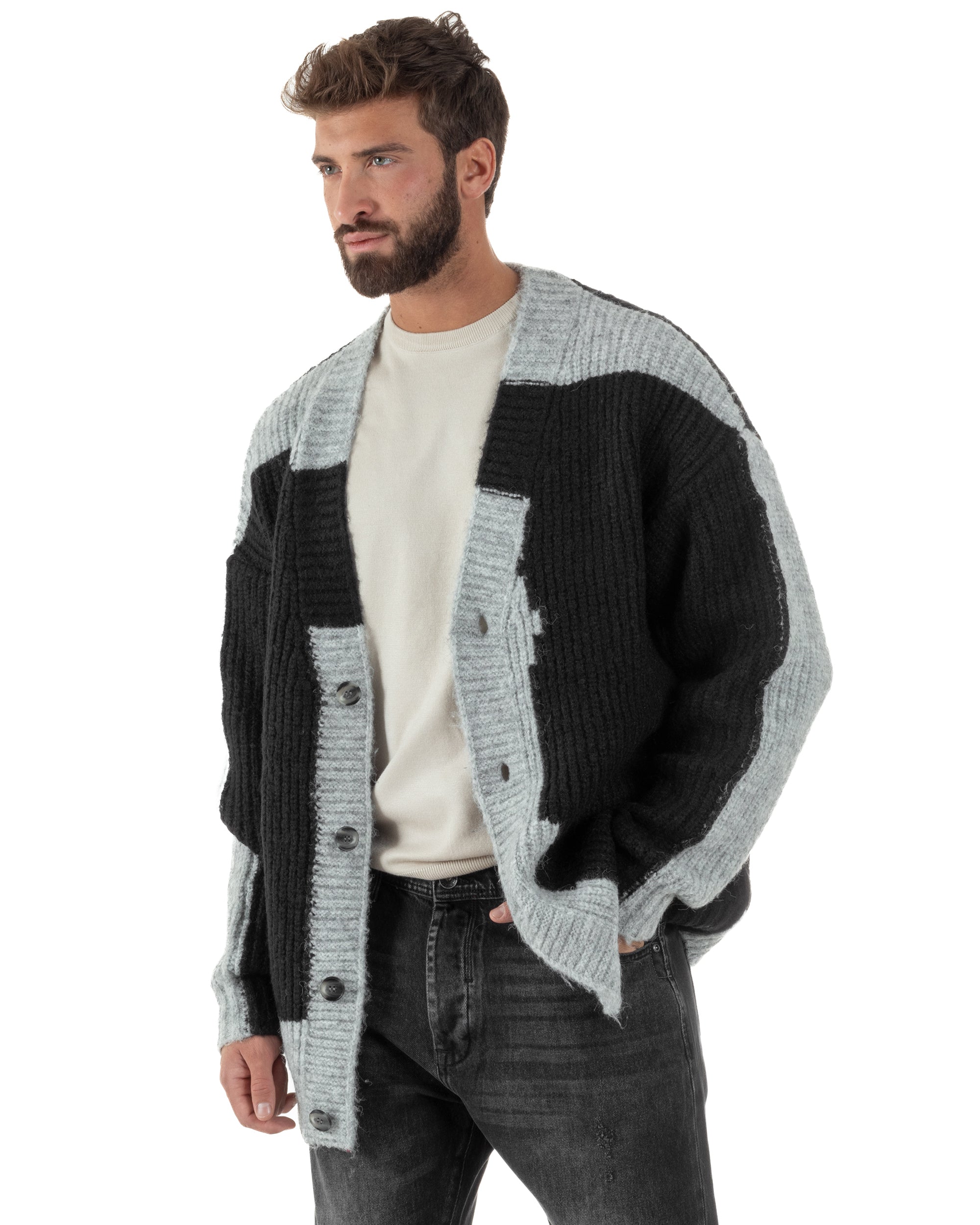 Cardigan Uomo Over Maglia Calda Maniche Raglan Spalle Scese Bicolore Nero M3083A