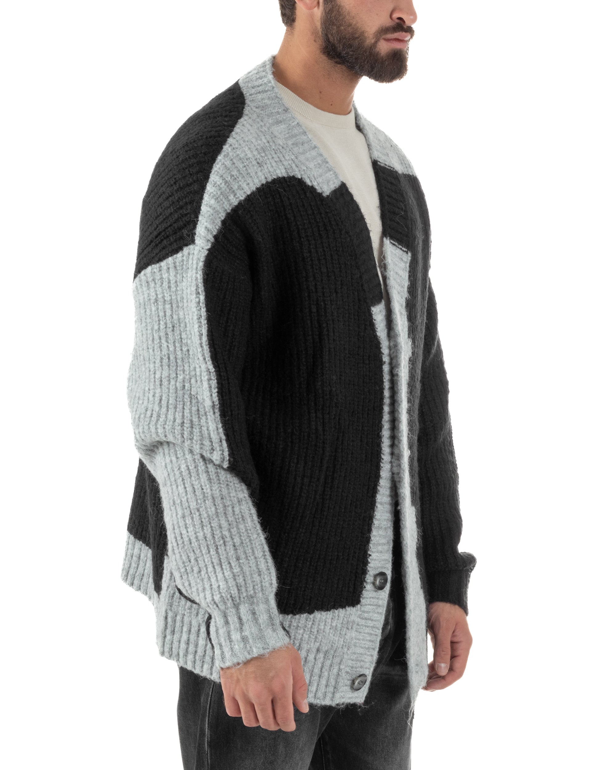 Cardigan Uomo Over Maglia Calda Maniche Raglan Spalle Scese Bicolore Nero M3083A
