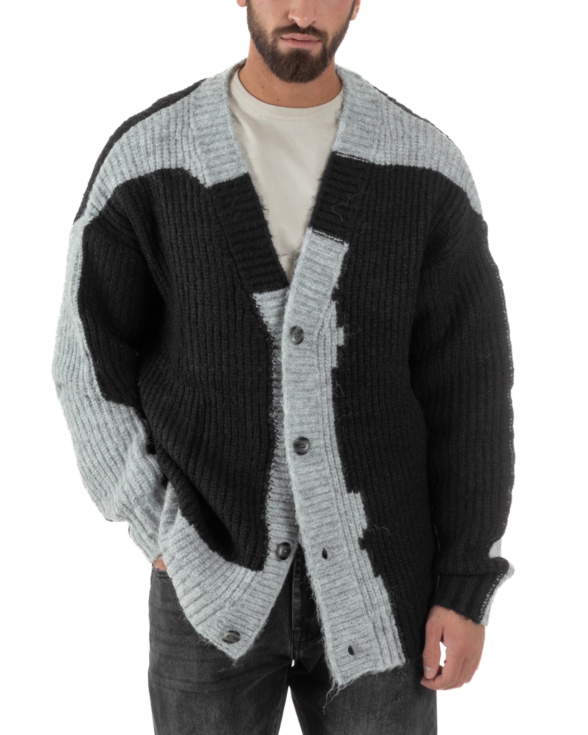 Cardigan Uomo Over Maglia Calda Maniche Raglan Spalle Scese Bicolore Nero M3083A