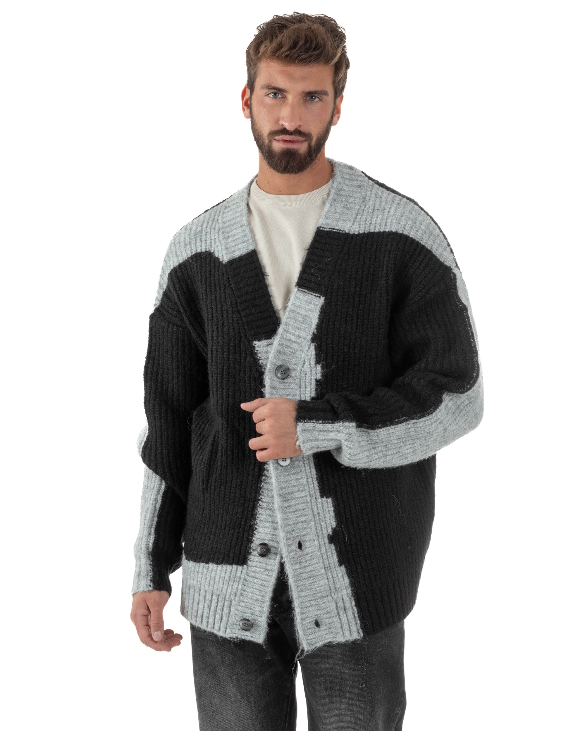 Cardigan Uomo Over Maglia Calda Maniche Raglan Spalle Scese Bicolore Nero M3083A