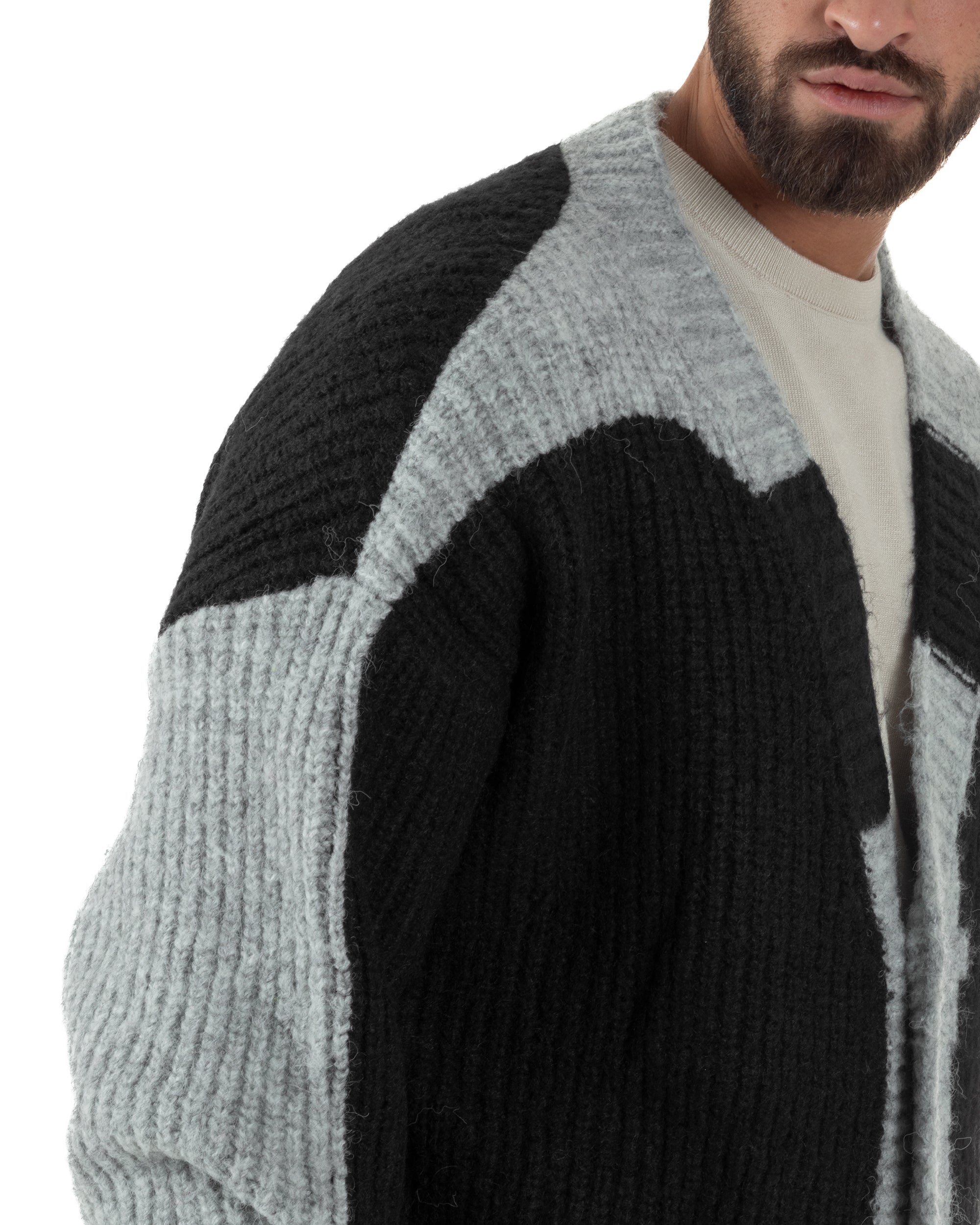 Cardigan Uomo Over Maglia Calda Maniche Raglan Spalle Scese Bicolore Nero M3083A