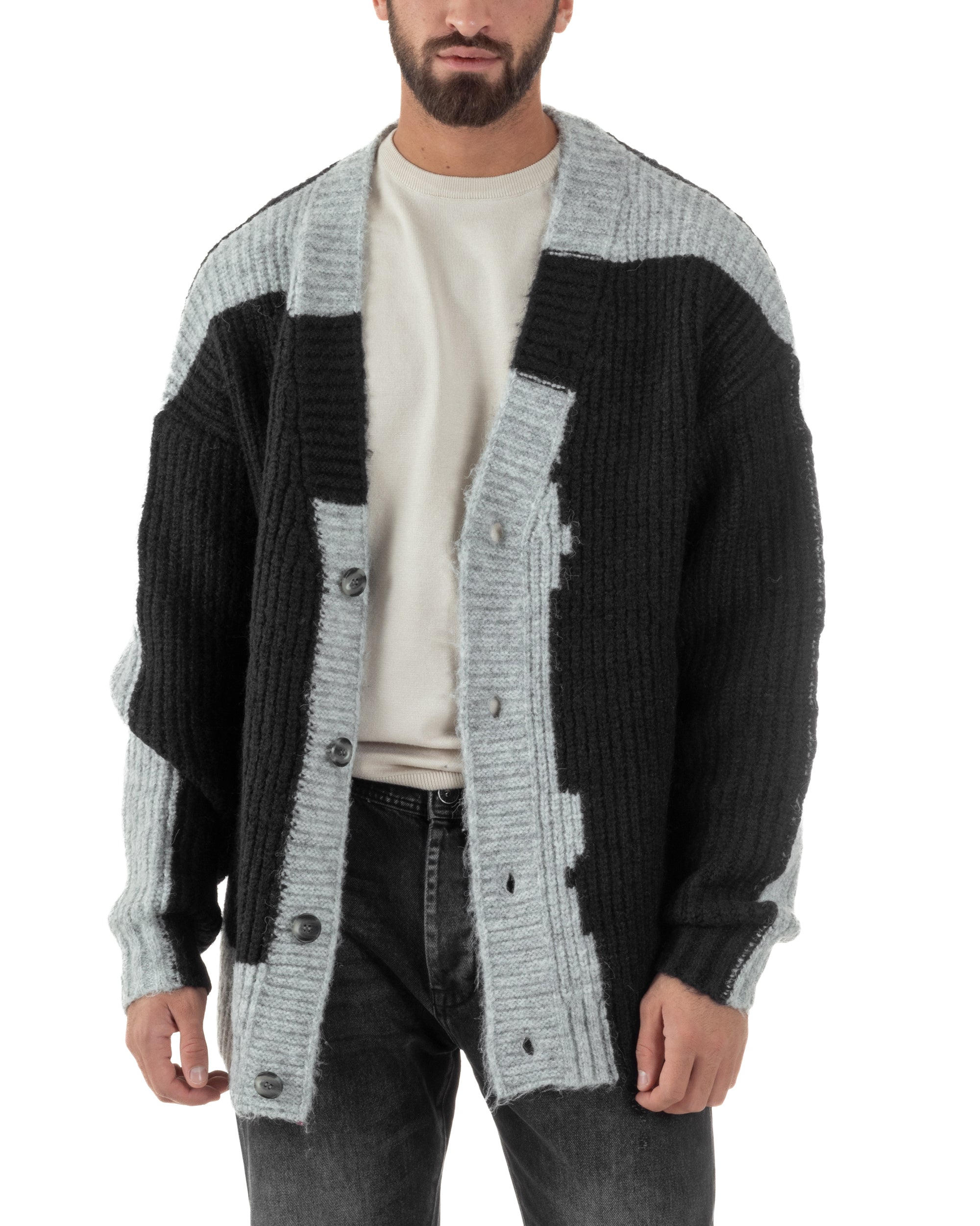 Cardigan Uomo Over Maglia Calda Maniche Raglan Spalle Scese Bicolore Nero M3083A