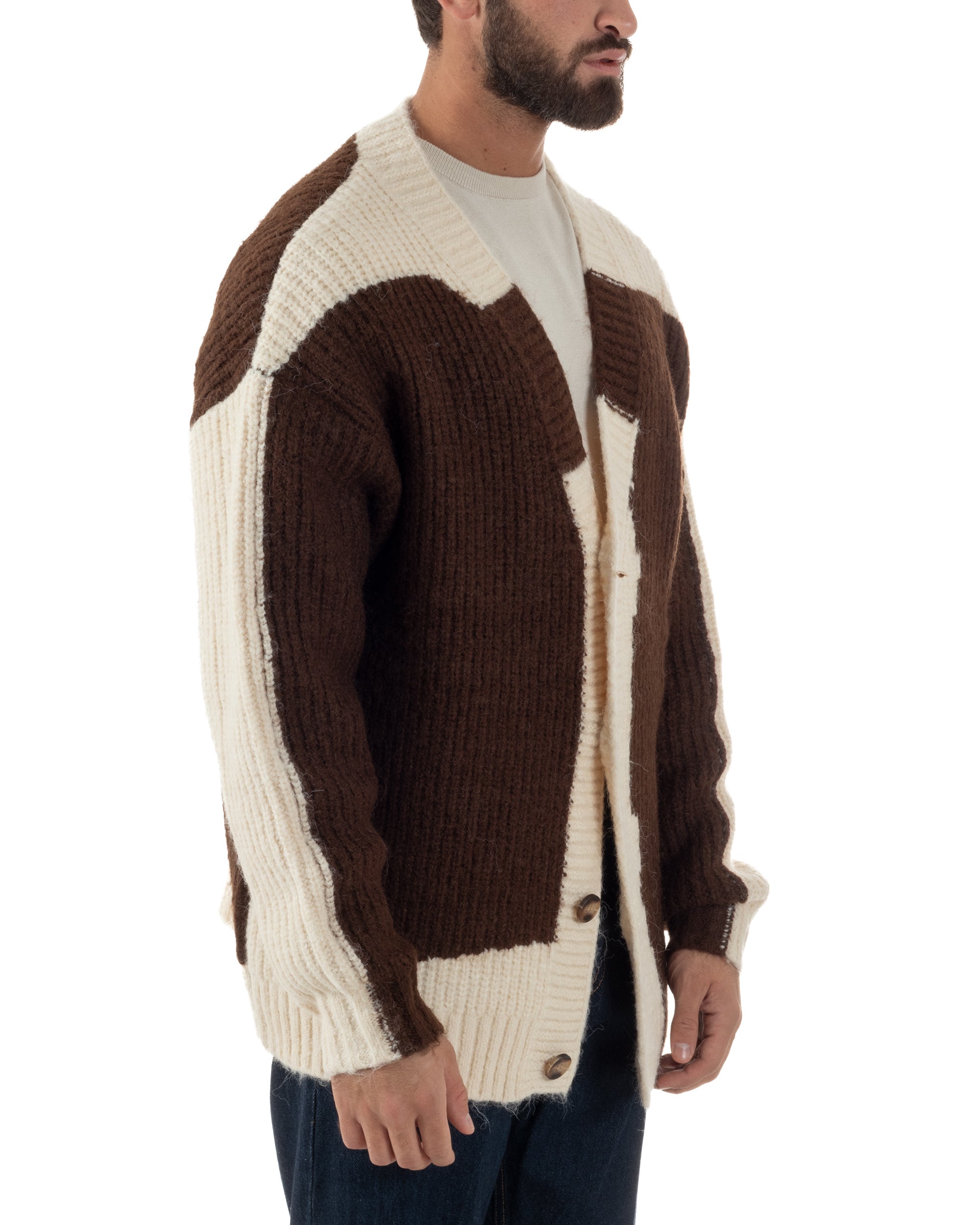 Cardigan Uomo Over Maglia Calda Maniche Raglan Spalle Scese Bicolore Marrone M3084A
