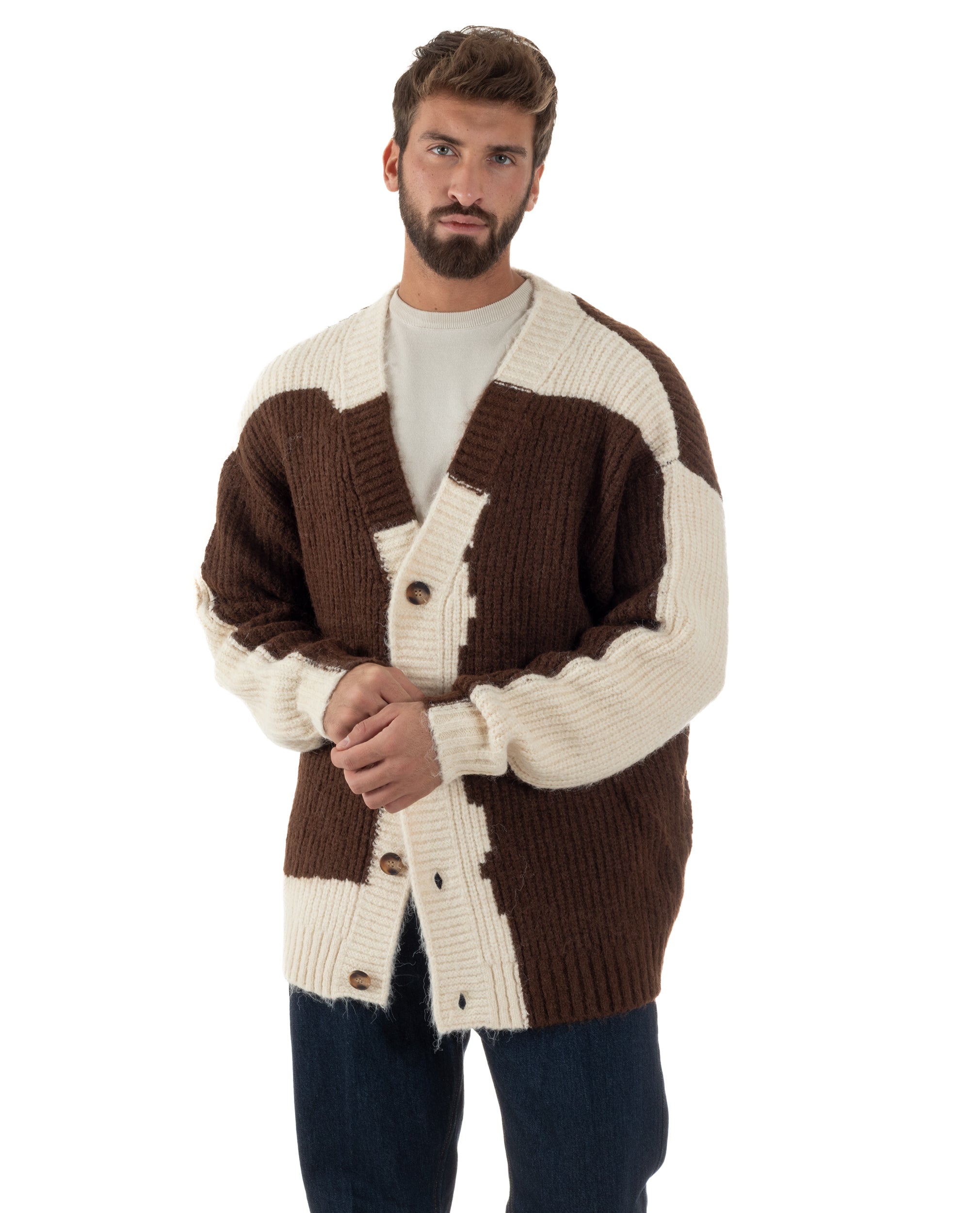 Cardigan Uomo Over Maglia Calda Maniche Raglan Spalle Scese Bicolore Marrone M3084A